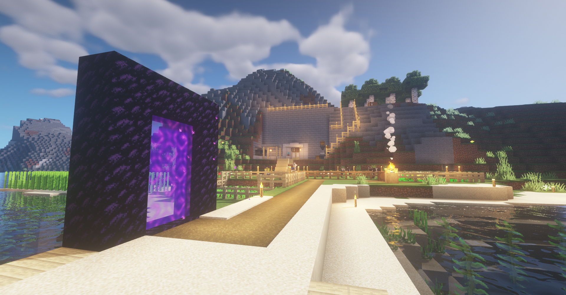 Minecraft Nether portal and mountain house HD Wallpaper