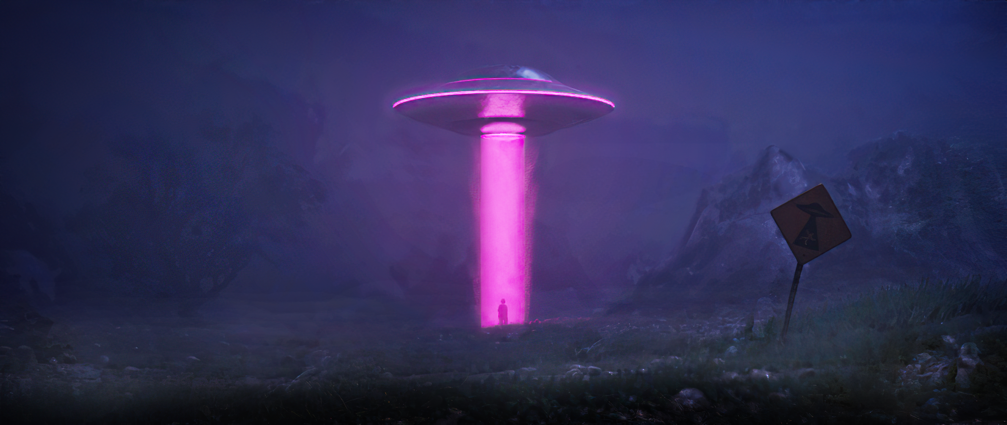 UFO abducting a person with a warning sign HD Wallpaper