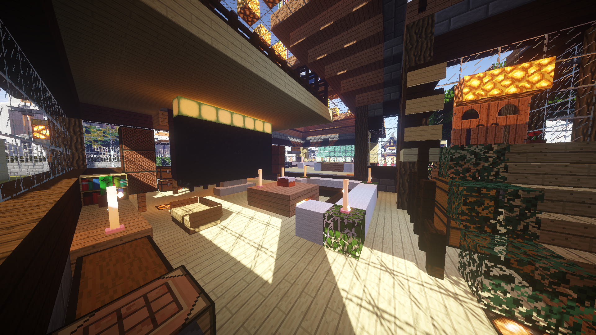 Minecraft interior with wooden beams and glass windows HD Wallpaper