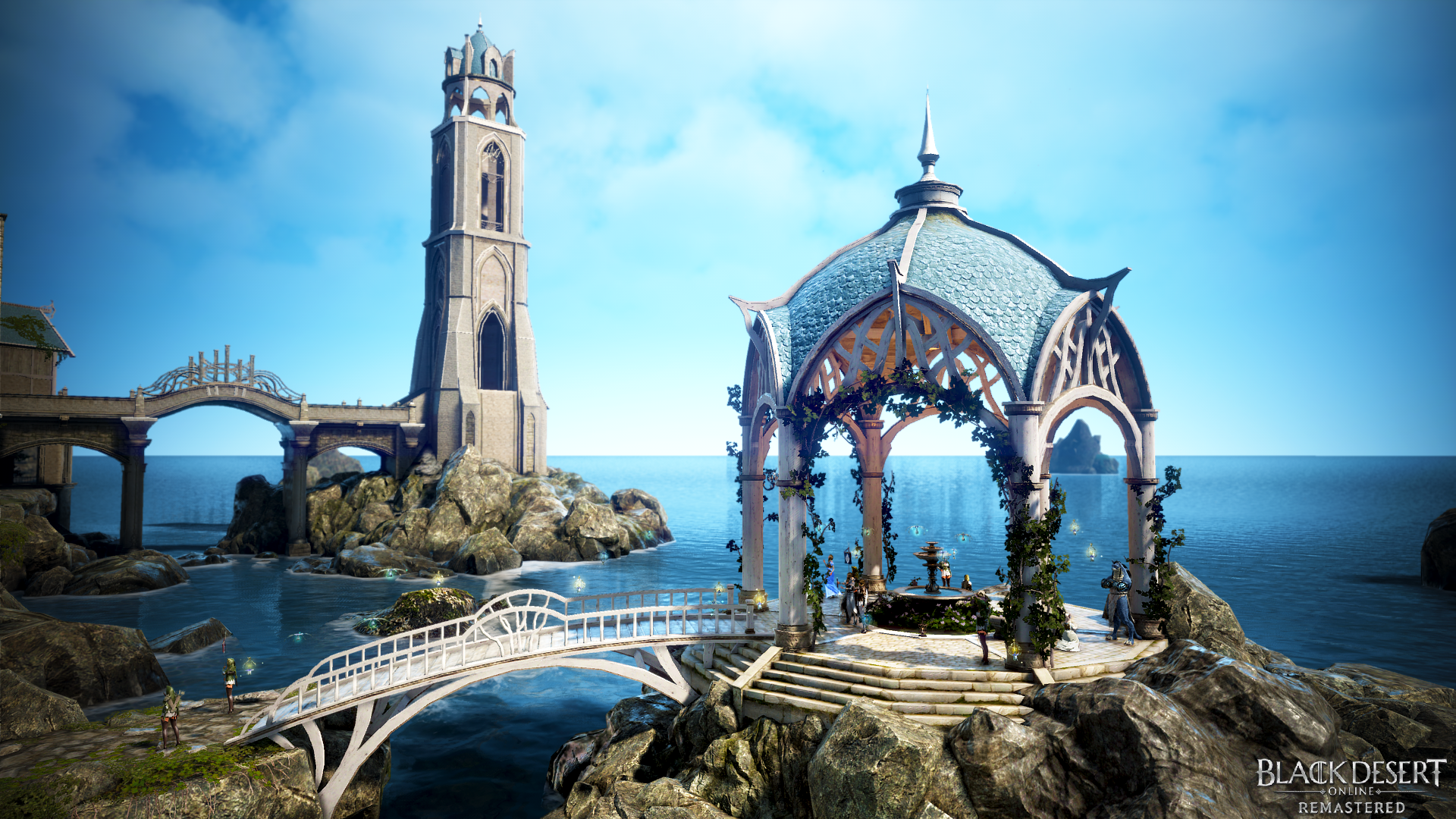 Black Desert Online fantasy landscape with lighthouse and gazebo HD Wallpaper