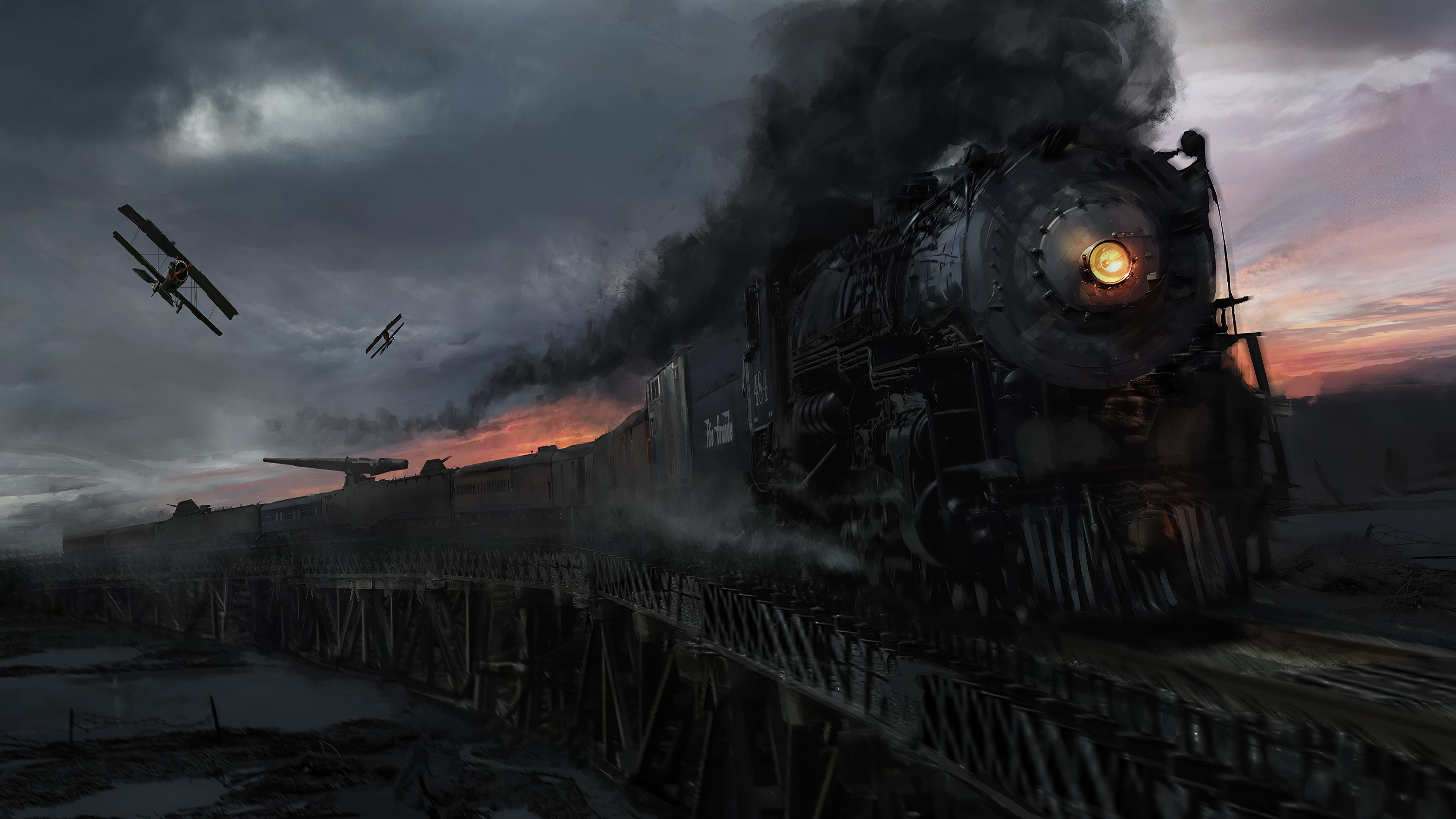 Steam locomotive and biplanes over a bridge at sunset HD Wallpaper