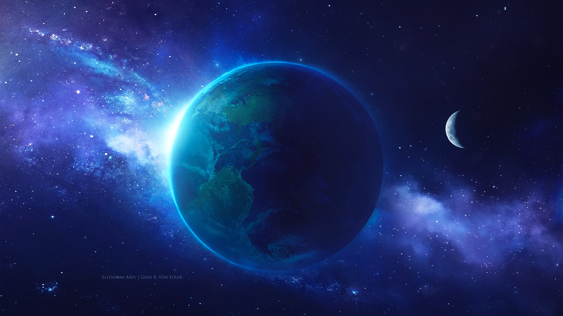 Earth and Moon in Space with Nebula HD Wallpaper