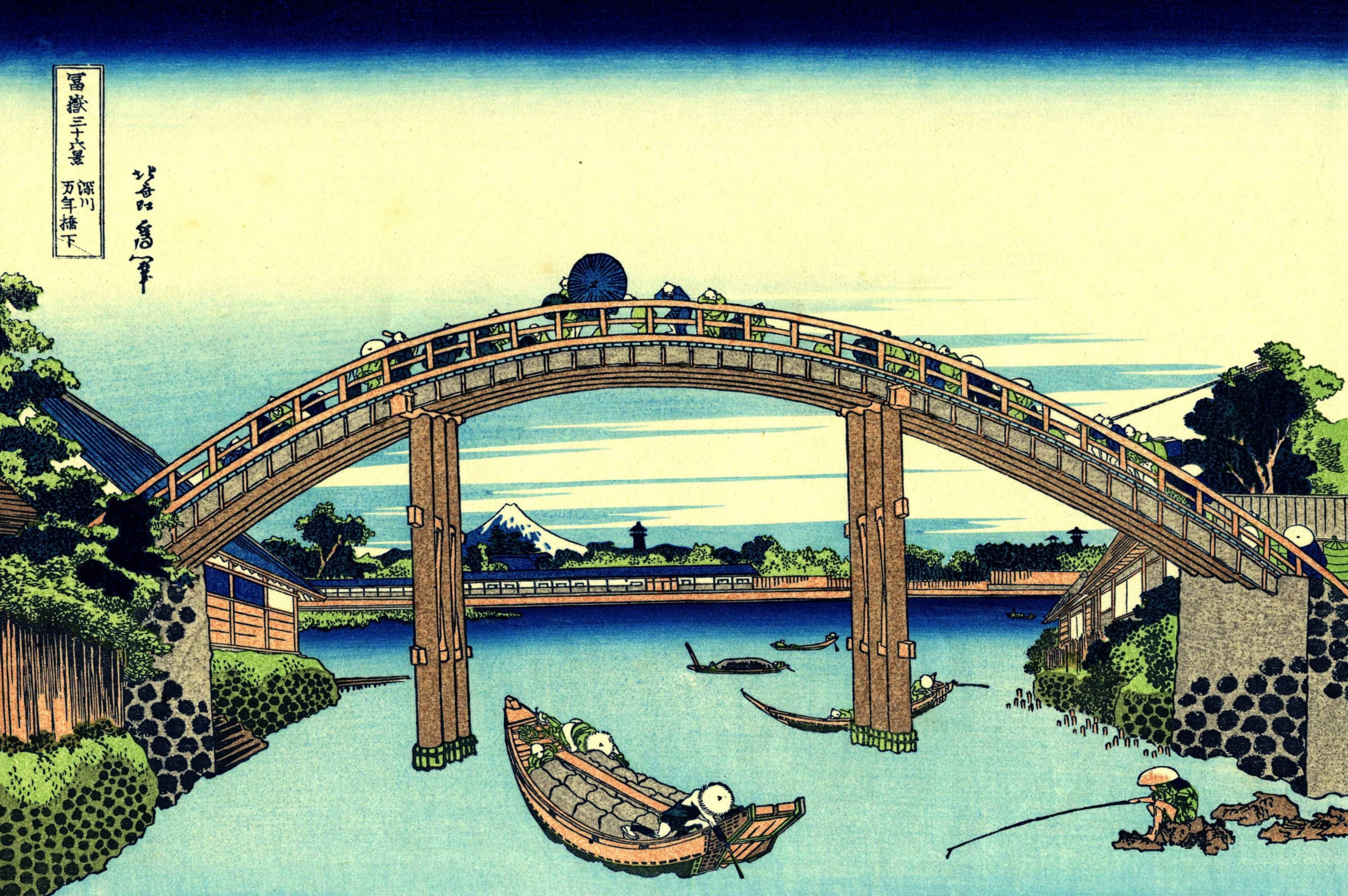 Sudden Shower over Shin-Ōhashi Bridge and Atake, Ukiyo-e HD Wallpaper