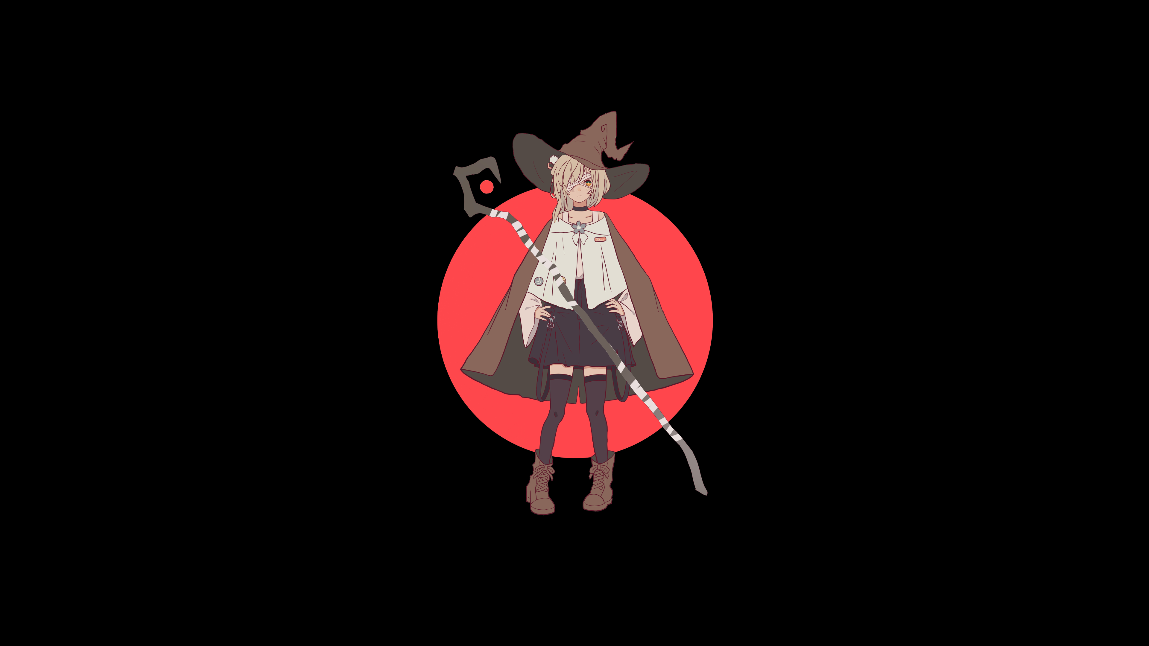 Anime witch with staff on black background HD Wallpaper