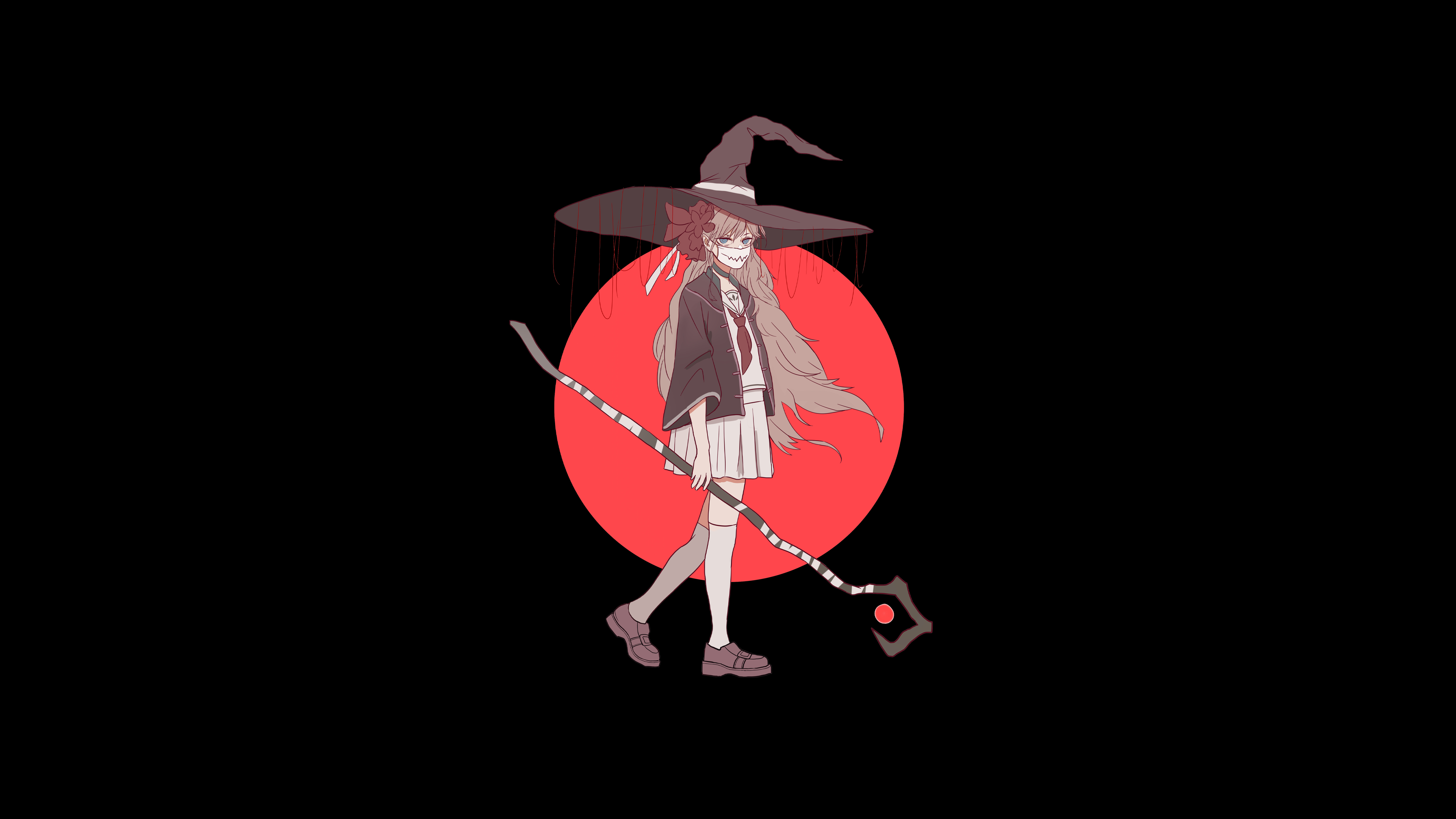 Anime witch with staff on black background HD Wallpaper