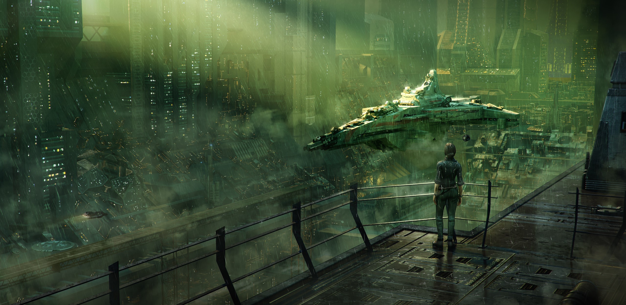 Futuristic city with a spaceship and a person HD Wallpaper