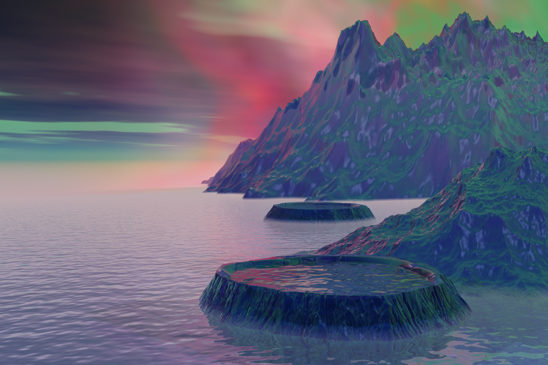 Surreal alien landscape with water and mountains HD Wallpaper
