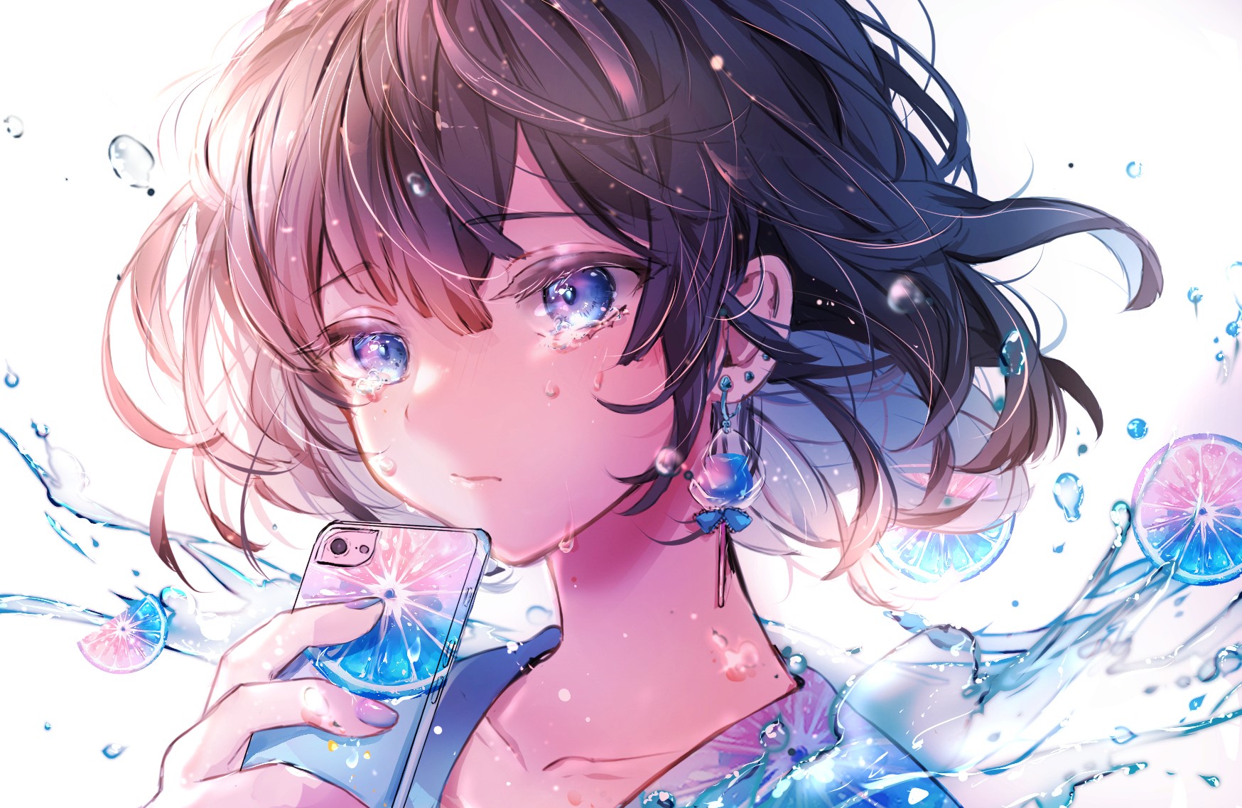 Anime girl with blue eyes holding a smartphone with water and fruit slices HD Wallpaper