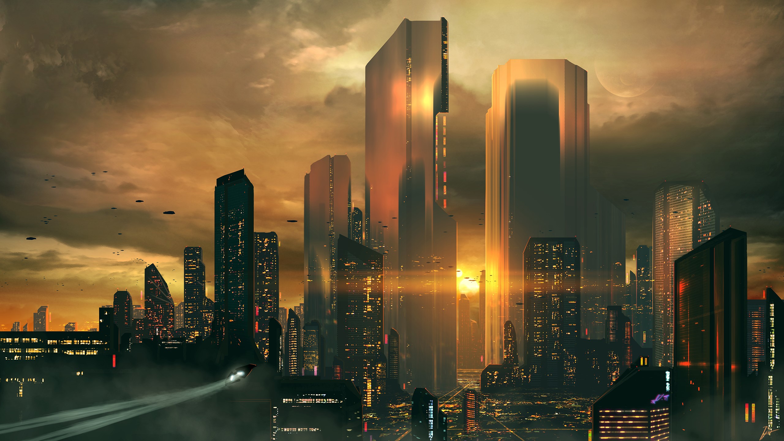 Futuristic cityscape at sunset with flying vehicles HD Wallpaper