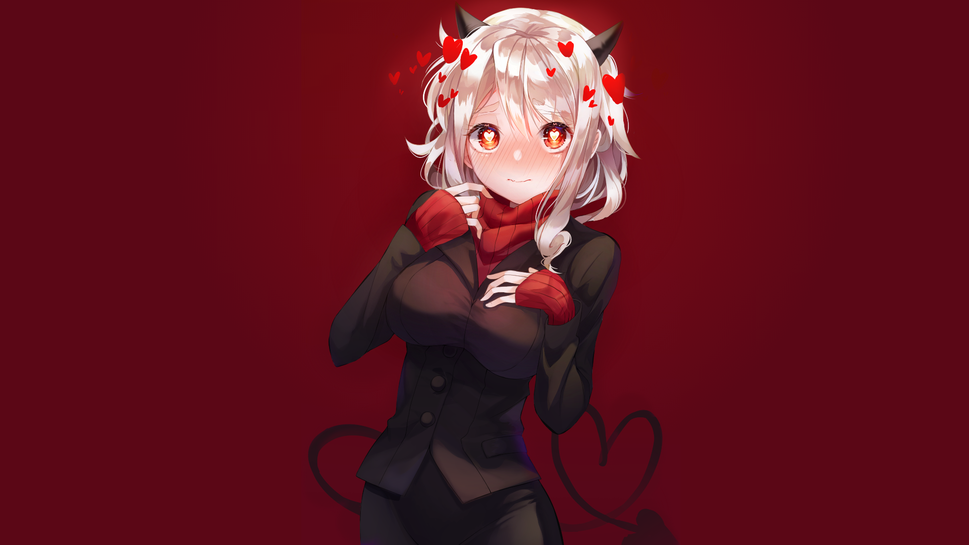 Demon girl with white hair and horns from Helltaker HD Wallpaper