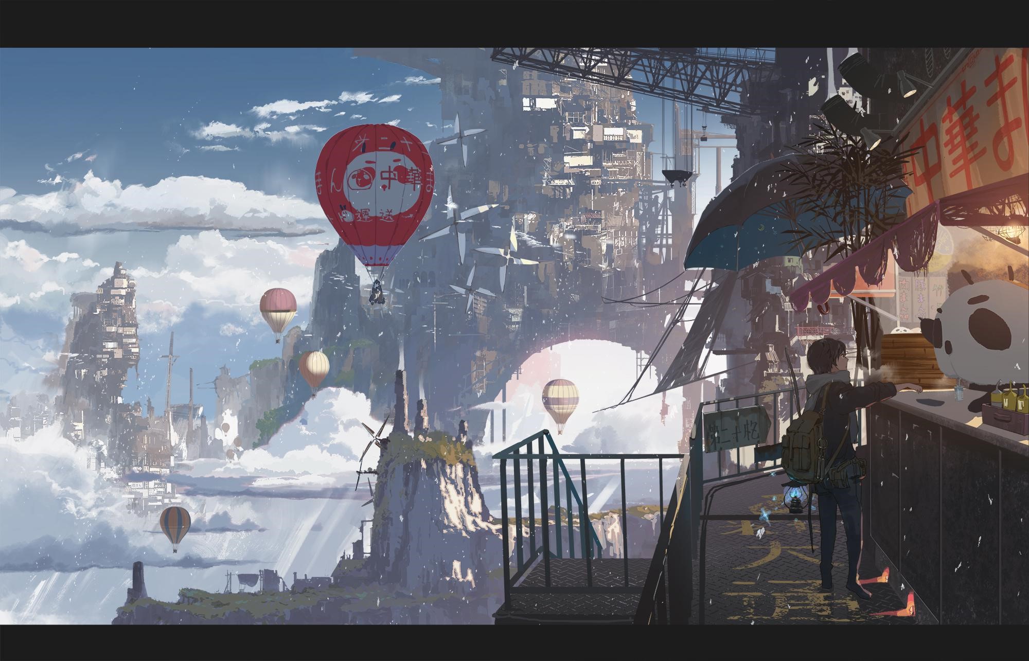 Anime artwork of a futuristic city with hot air balloons HD Wallpaper