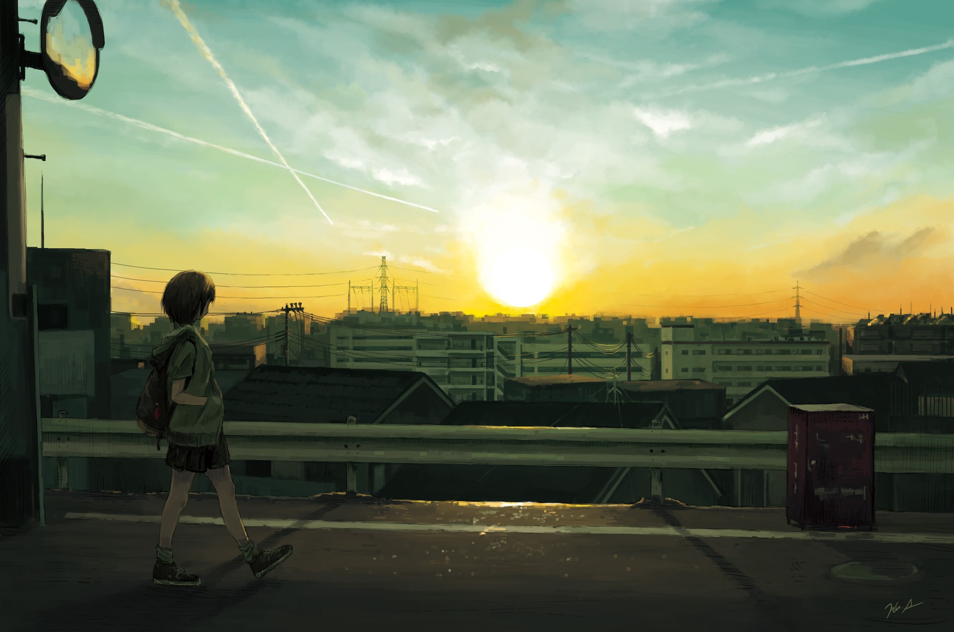 Anime girl walking through a city at sunset HD Wallpaper