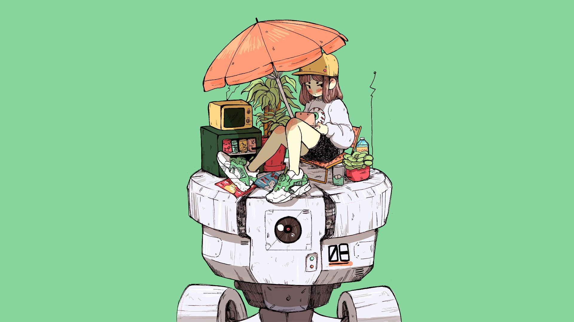 Anime girl with umbrella on robot HD Wallpaper