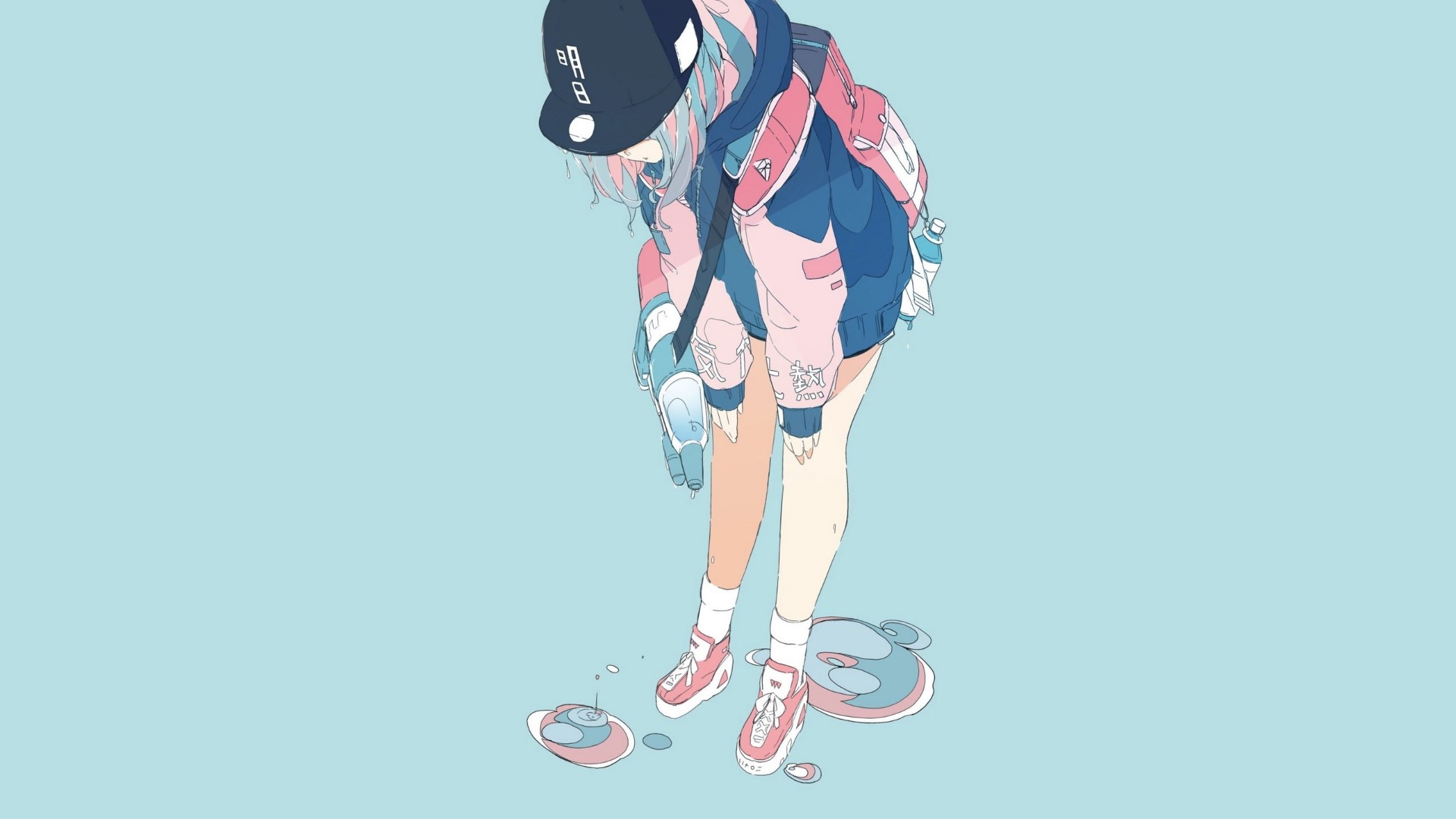 Anime girl with pink and blue hair wearing a cap and jacket HD Wallpaper
