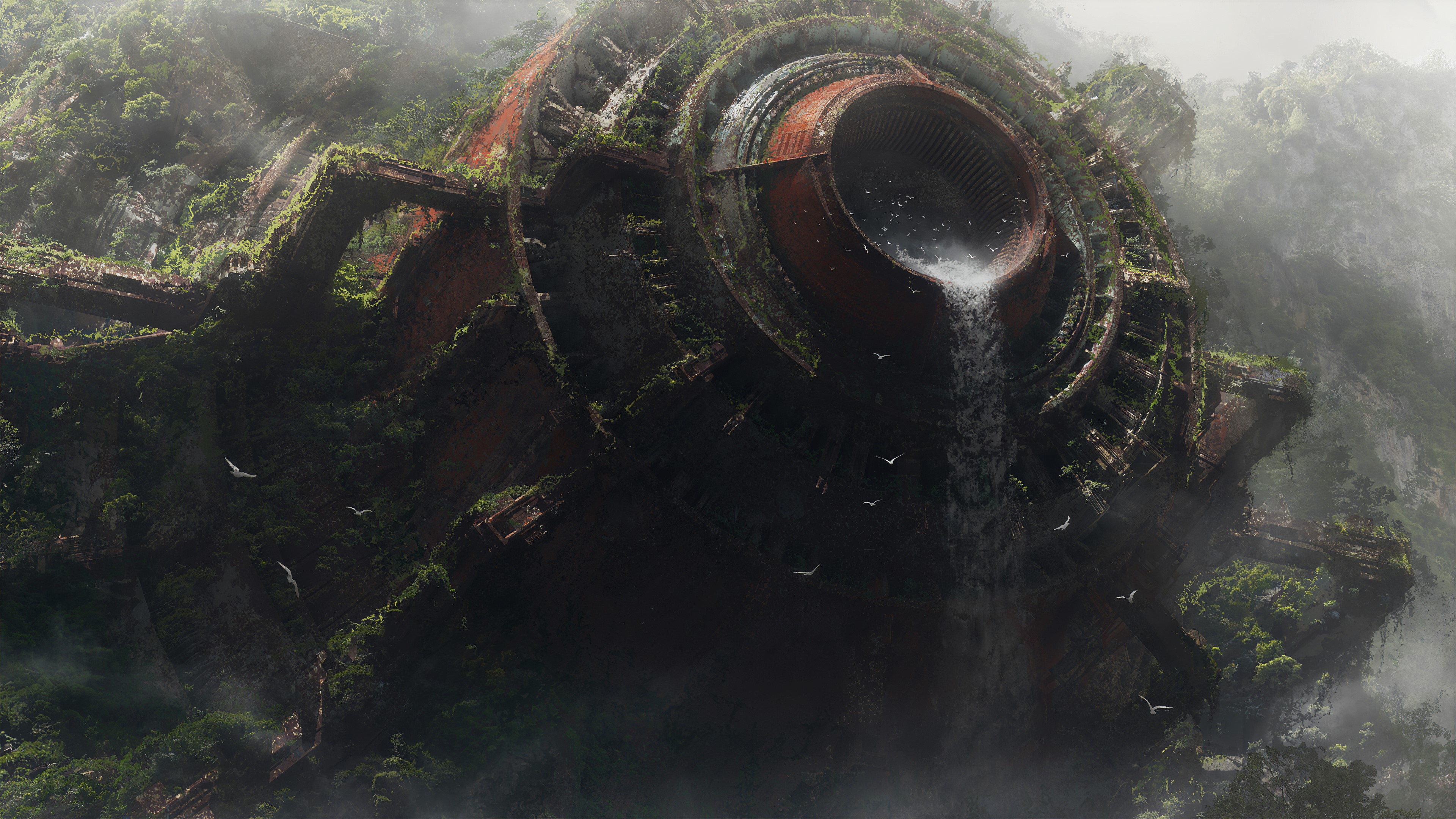 Ruined structure with waterfall and birds HD Wallpaper
