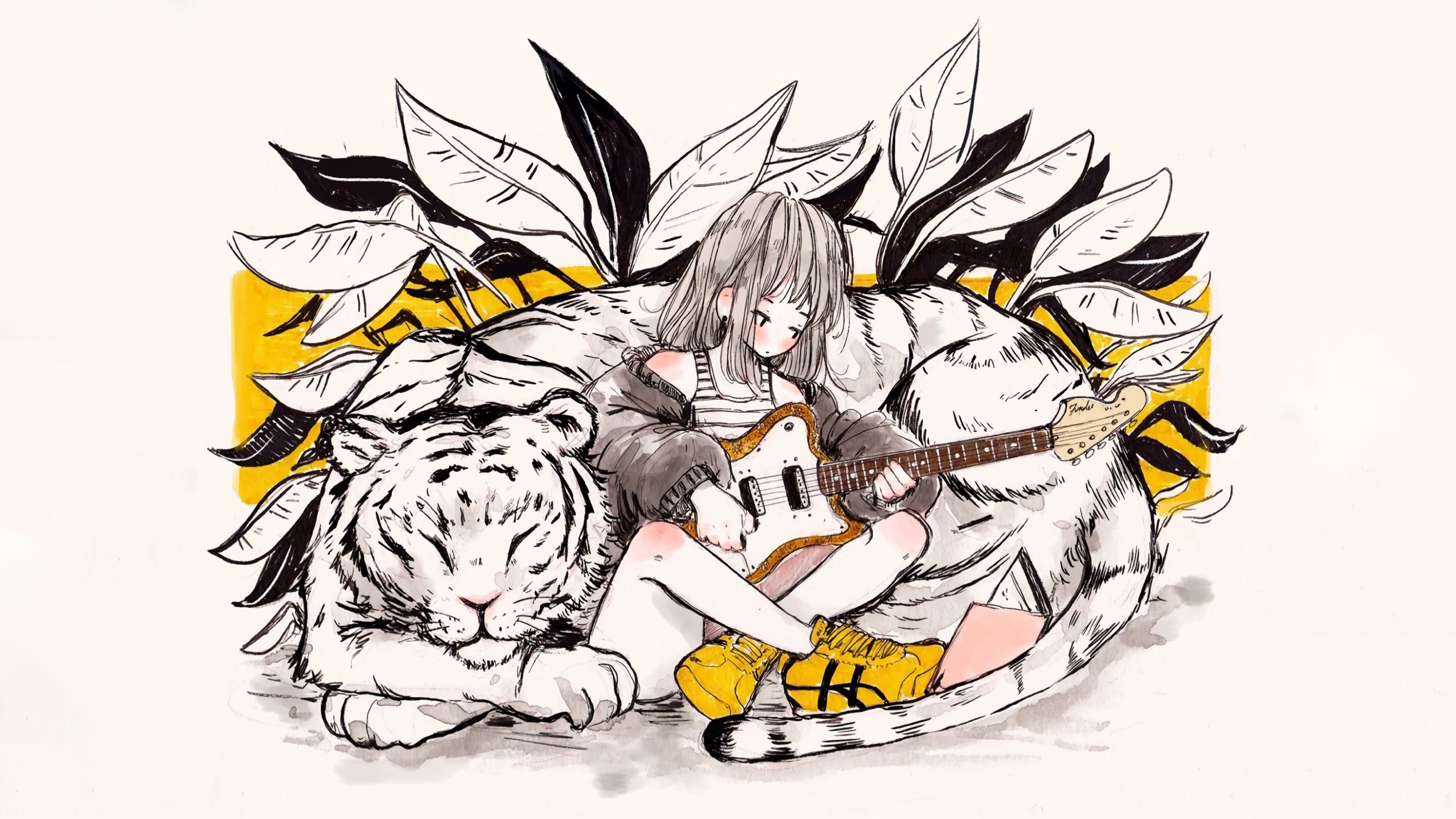 Anime girl playing electric guitar with white tigers HD Wallpaper