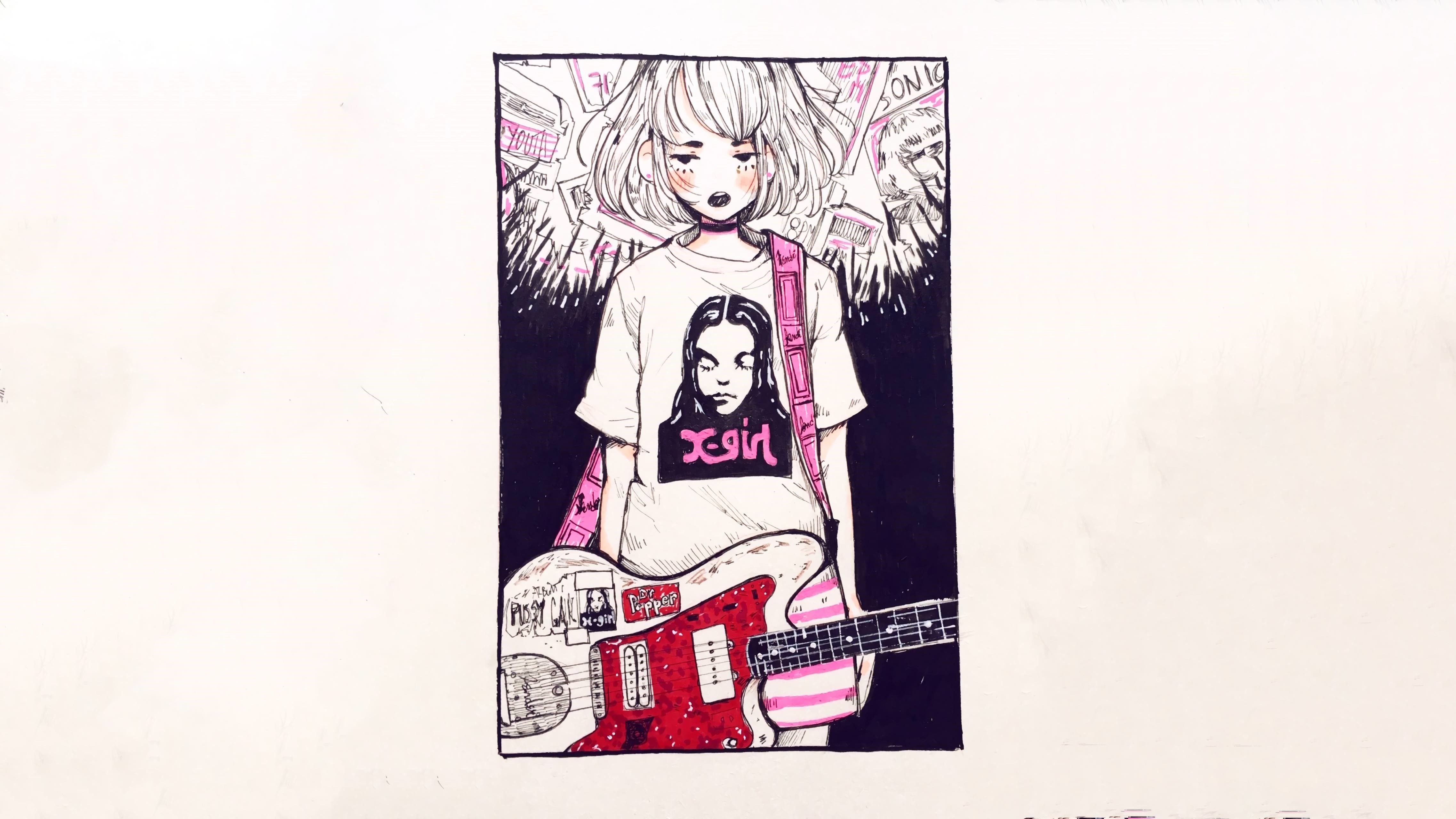 Anime girl with electric guitar and X-girl shirt HD Wallpaper