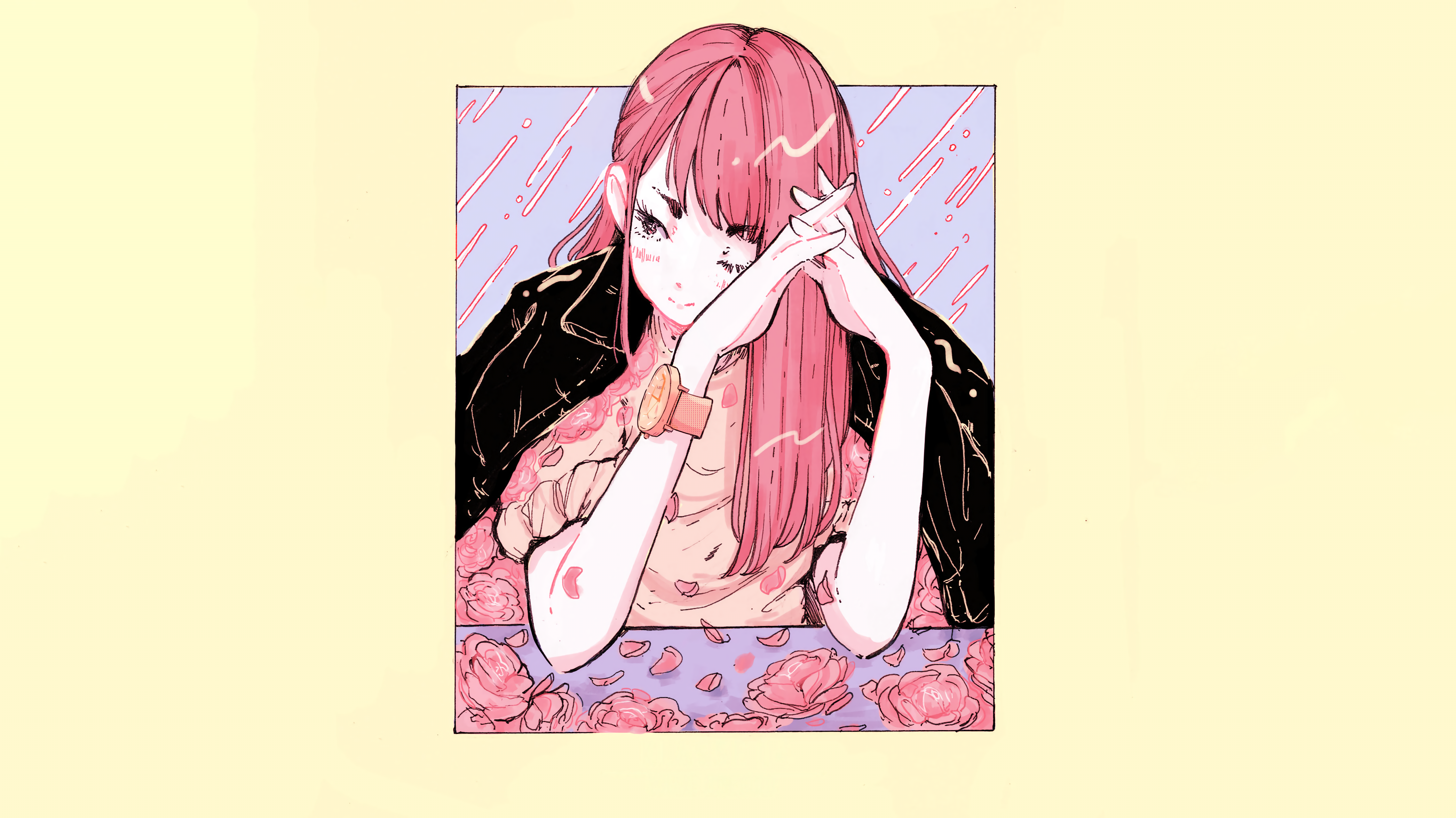 Anime girl with pink hair and wristwatch HD Wallpaper