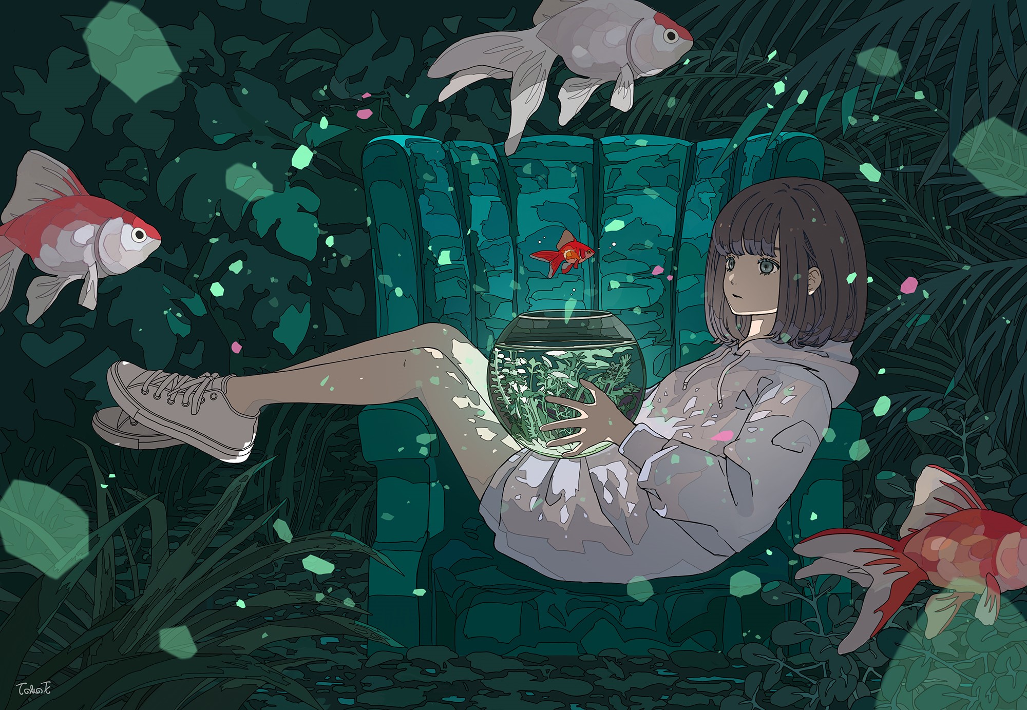 Anime girl with goldfish in a lush, dark garden HD Wallpaper
