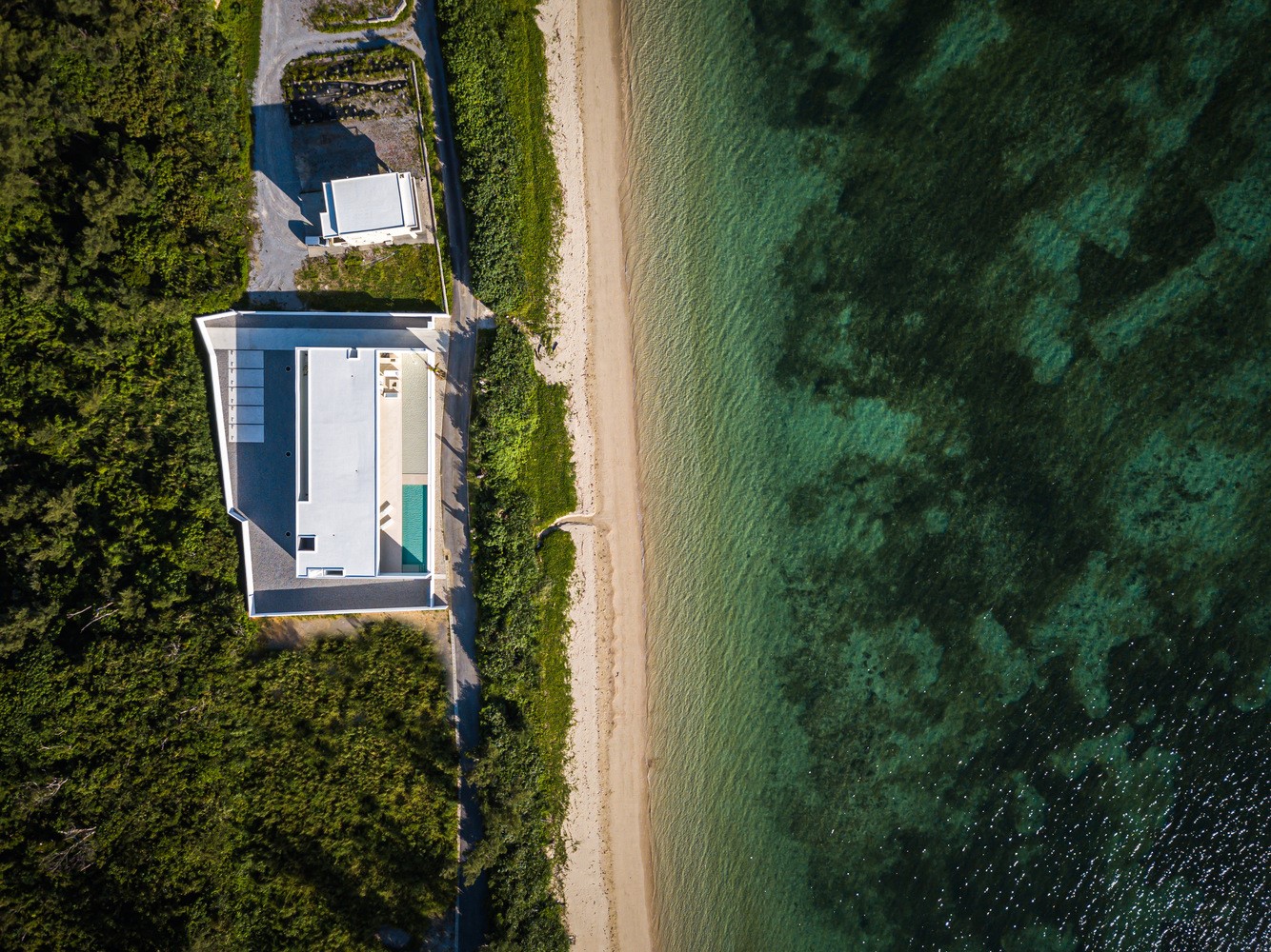 Aerial view of a modern house on a beach with trees and the sea HD Wallpaper