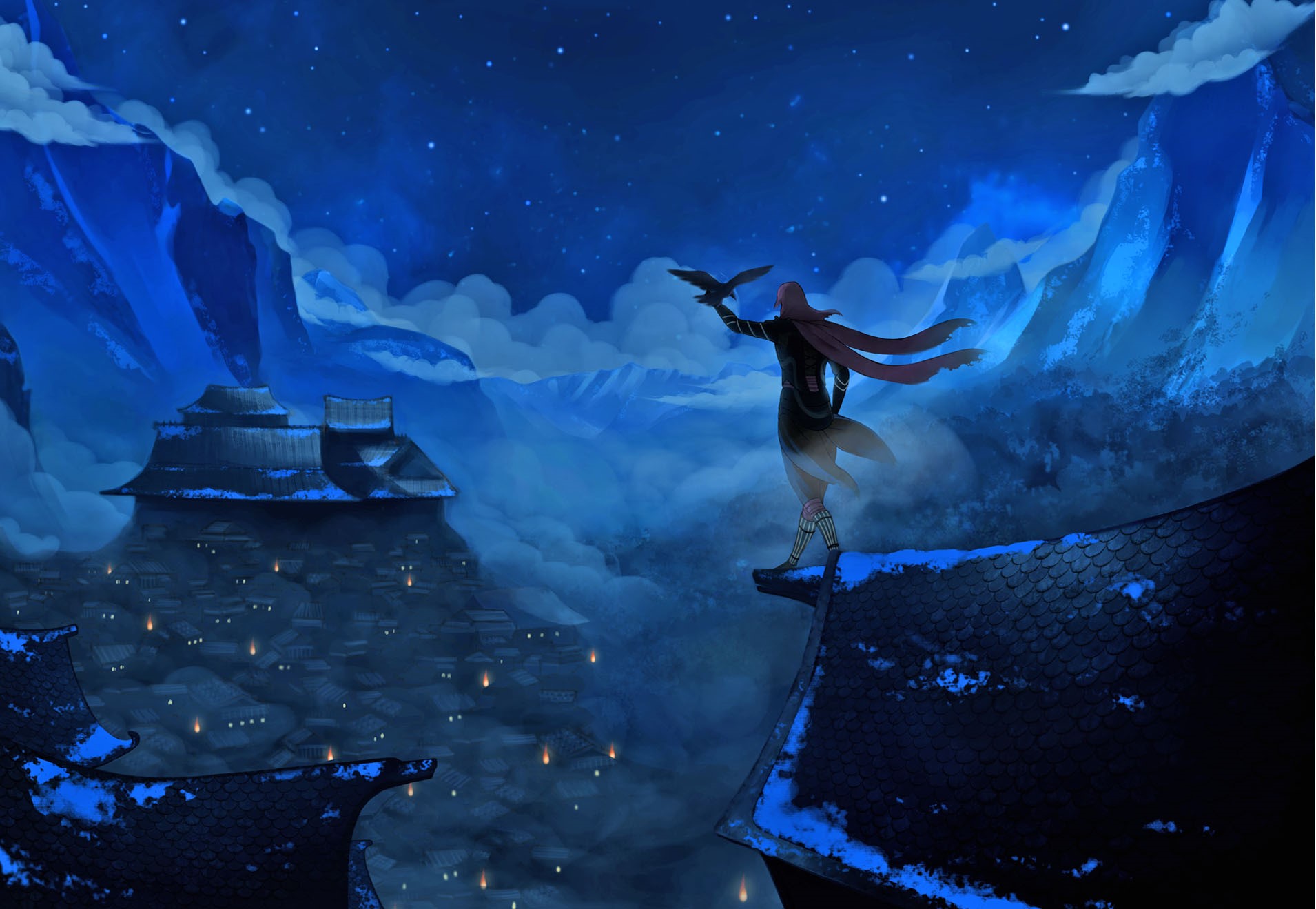 Aragami holding a raven on a rooftop at night HD Wallpaper