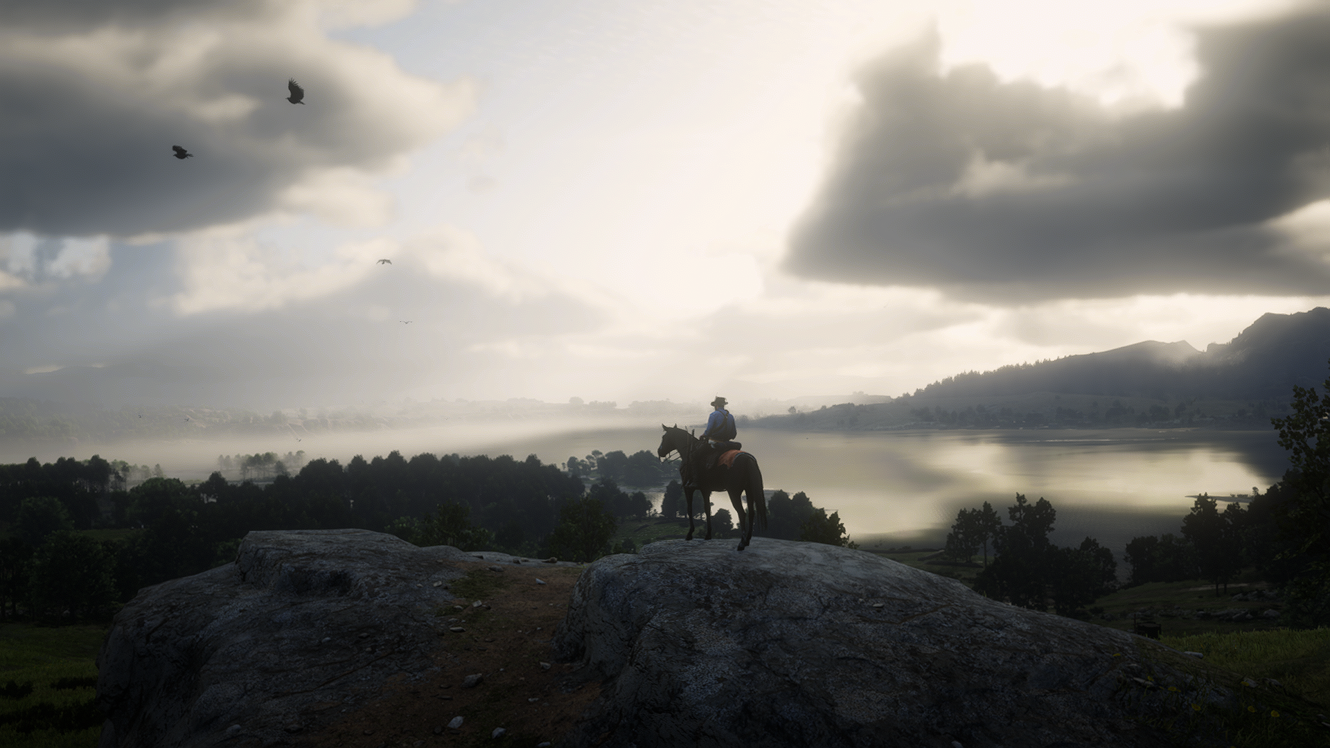 Arthur Morgan from Red Dead Redemption 2 on horseback overlooking a lake HD Wallpaper