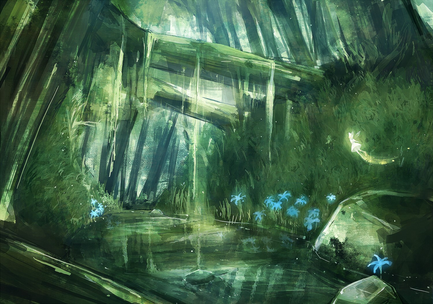 Fairy in a magical green forest with blue flowers HD Wallpaper