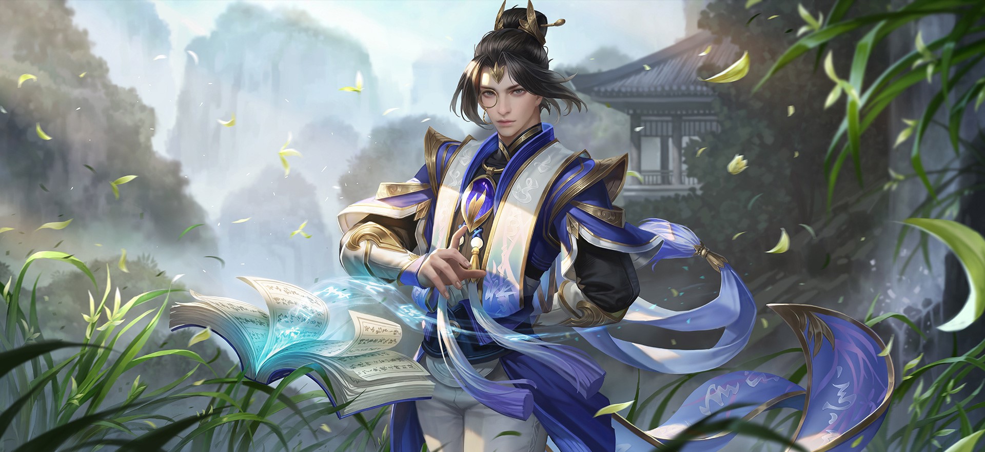 Anime boy with magic books and flowing robes HD Wallpaper