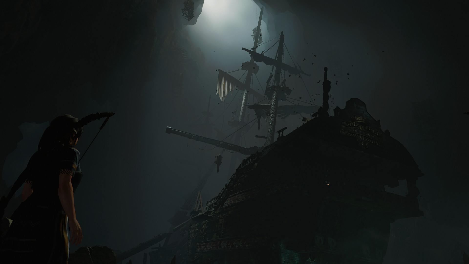 Lara Croft in a cave with a shipwreck in Shadow of the Tomb Raider HD Wallpaper