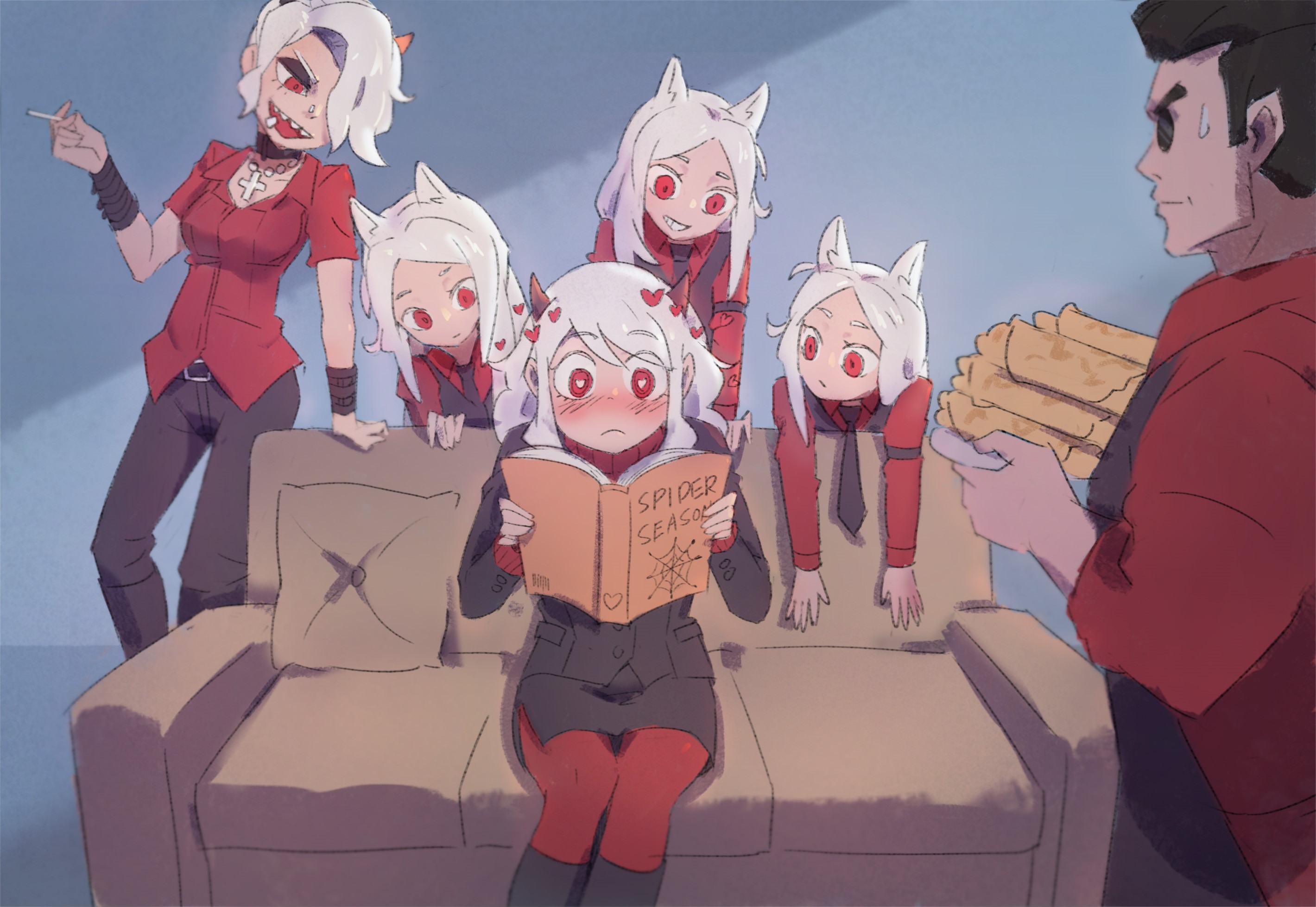 Cerberus from Helltaker with a man holding pancakes HD Wallpaper