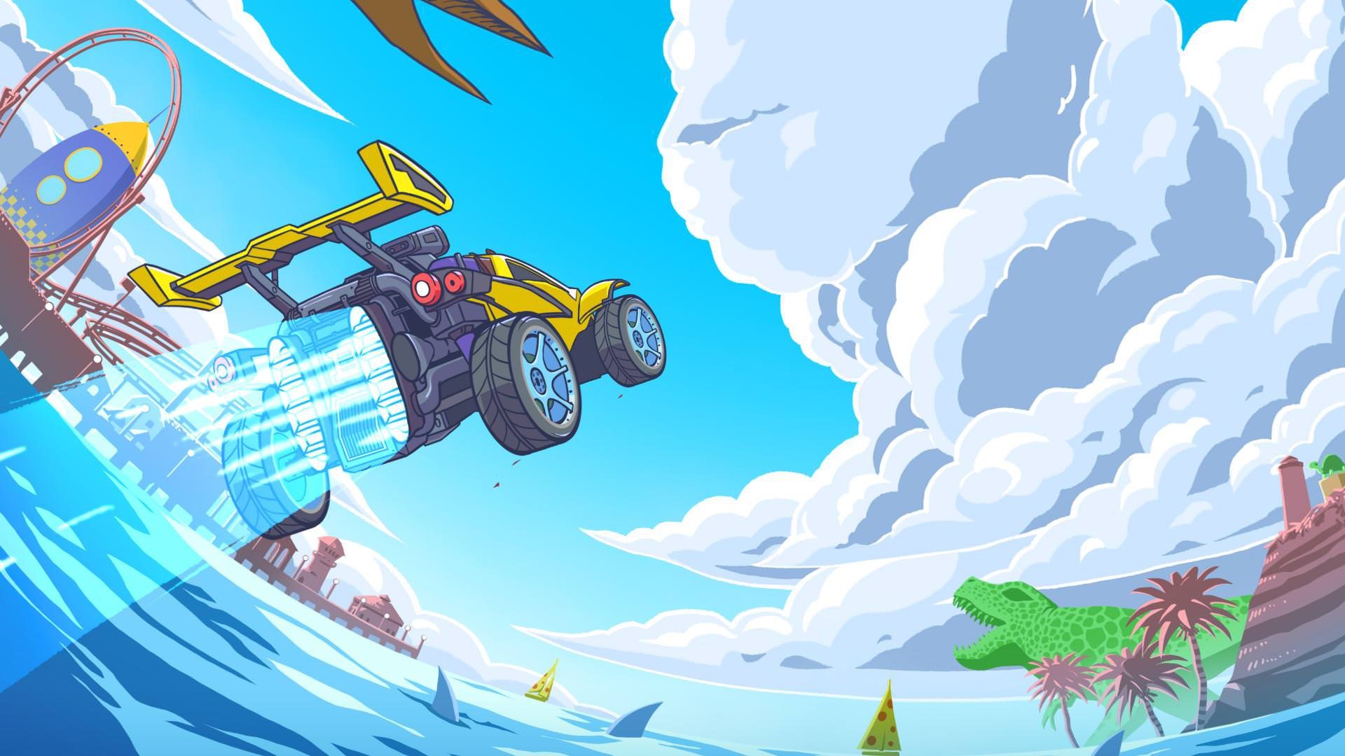 Rocket League car flying over water with sharks and pizza HD Wallpaper