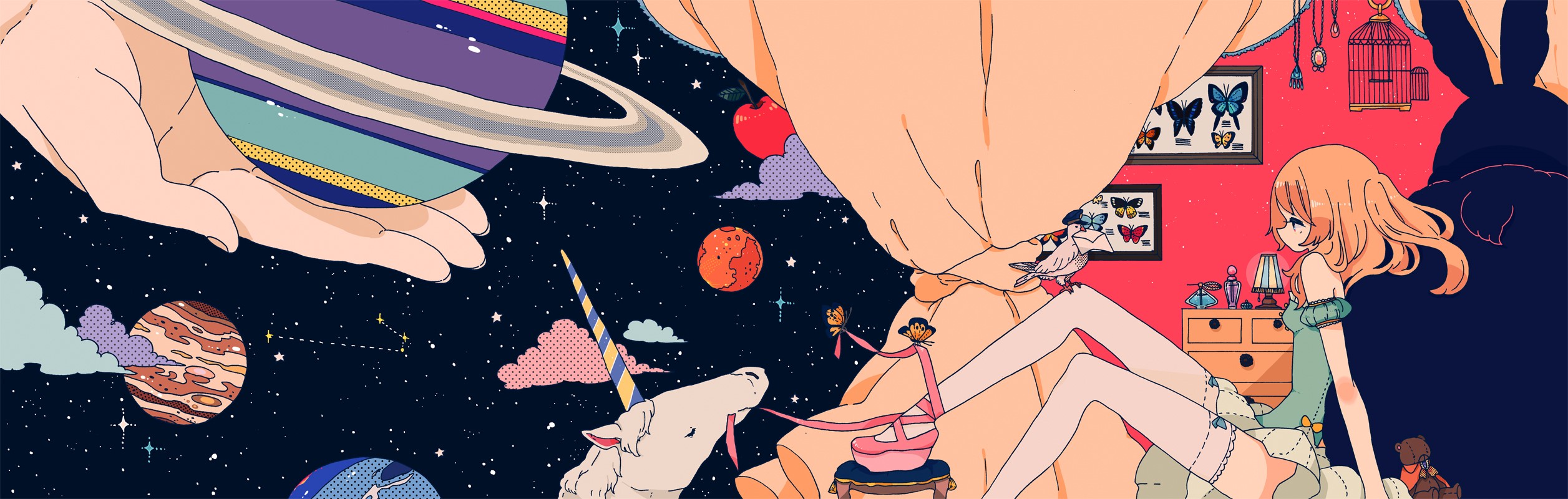 Anime girl in a surreal universe with planets and a unicorn HD Wallpaper