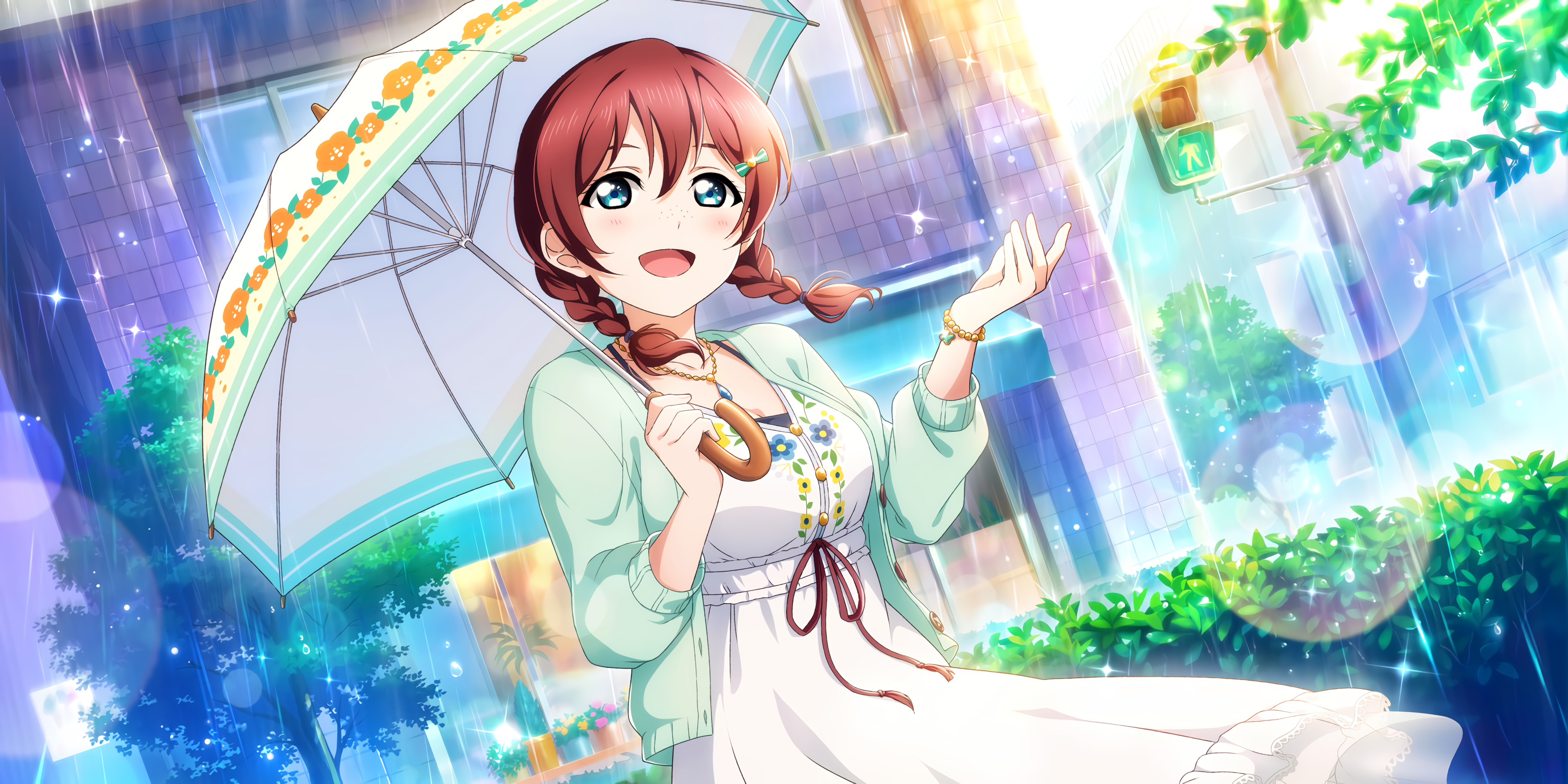 Emma Verde from Love Live! Sunshine!! holding an umbrella in the rain HD Wallpaper