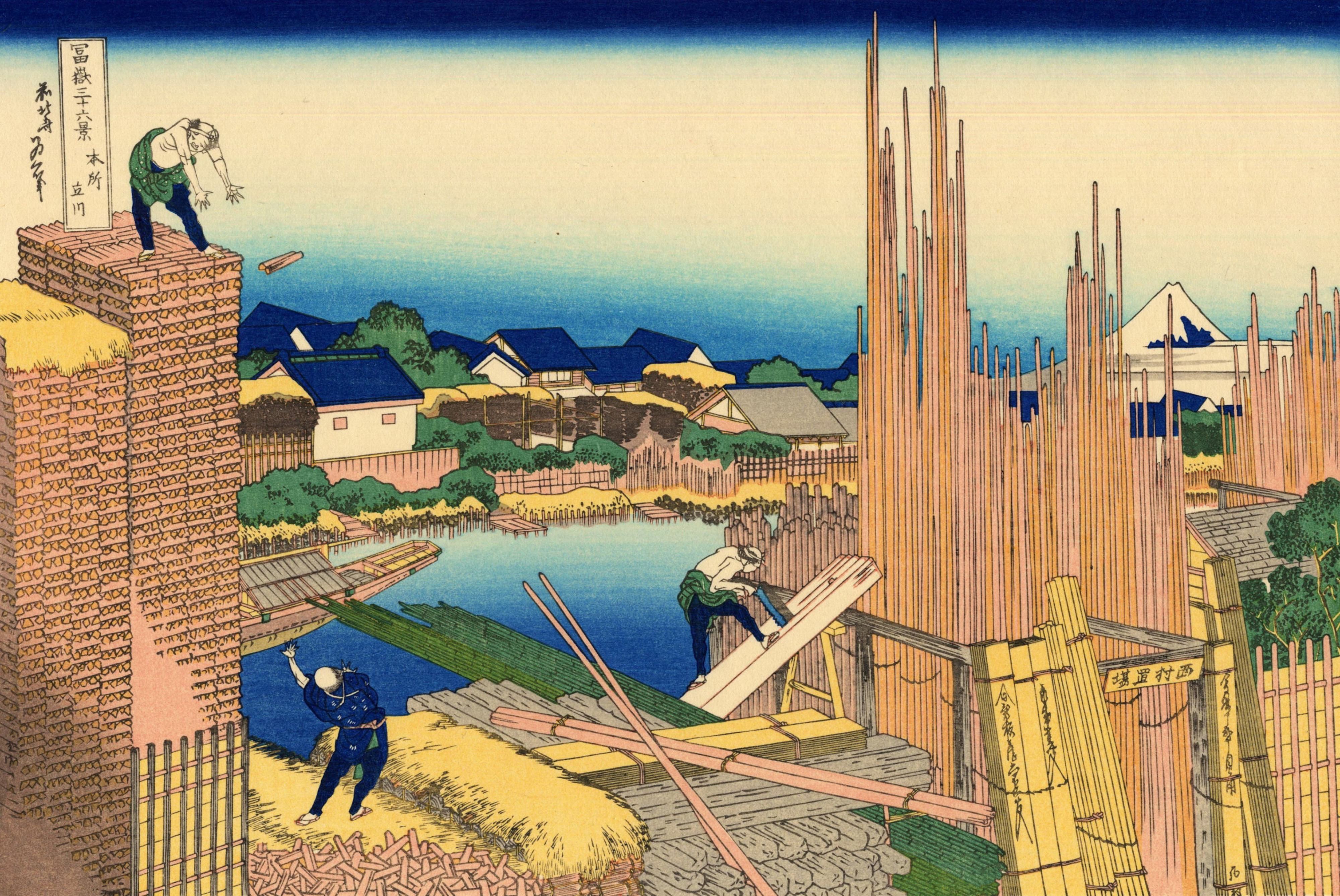 Japanese Woodblock Print of Construction Workers and Mount Fuji HD Wallpaper