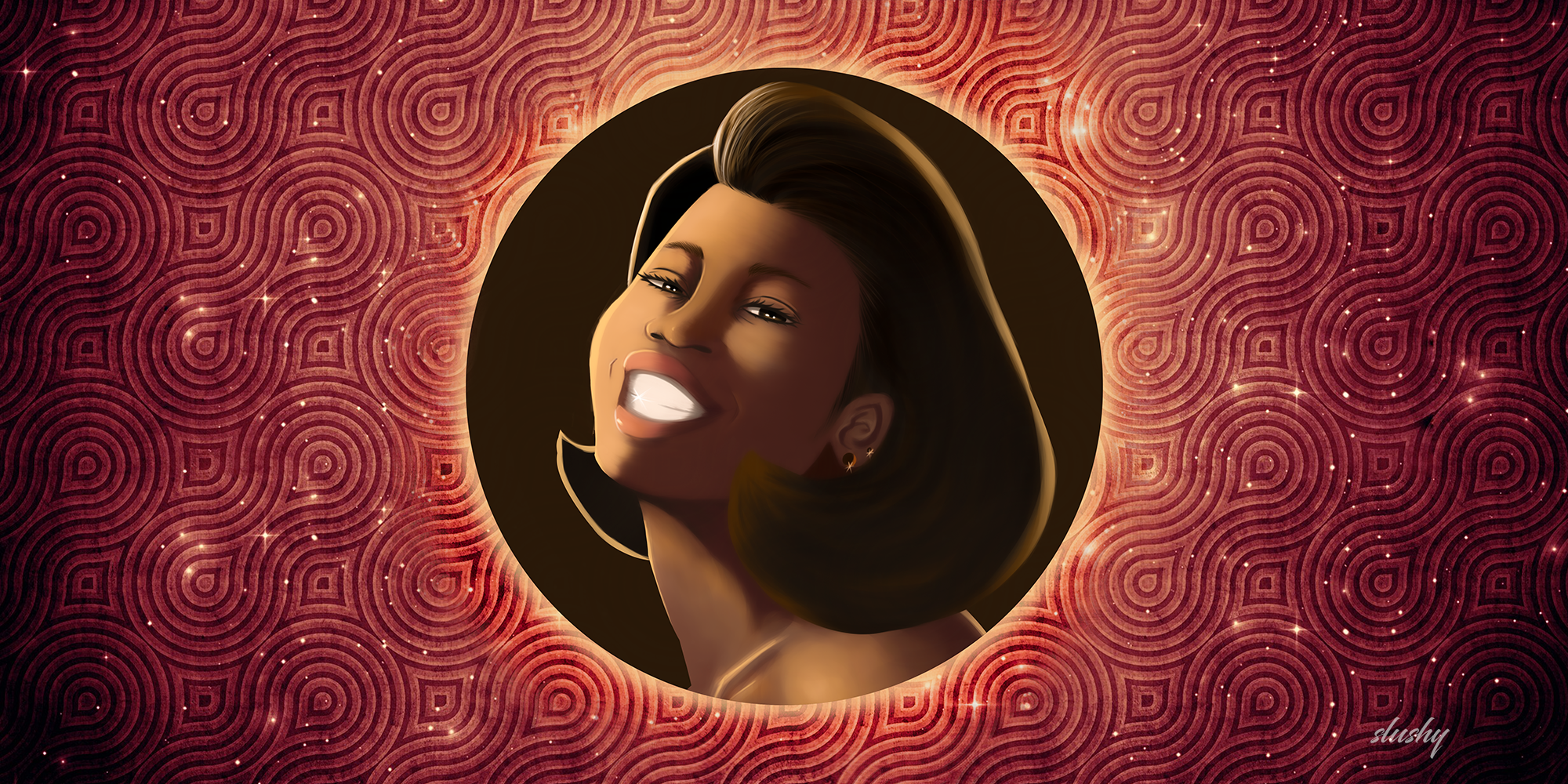 Illustration of a smiling African woman with a red pattern background HD Wallpaper