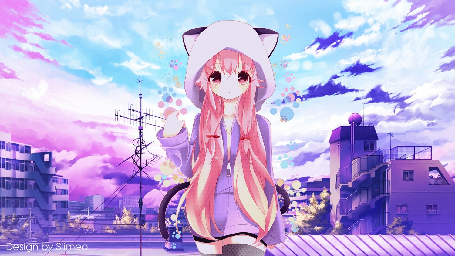 Anime girl with neko ears and pink hair wearing a hoodie HD Wallpaper