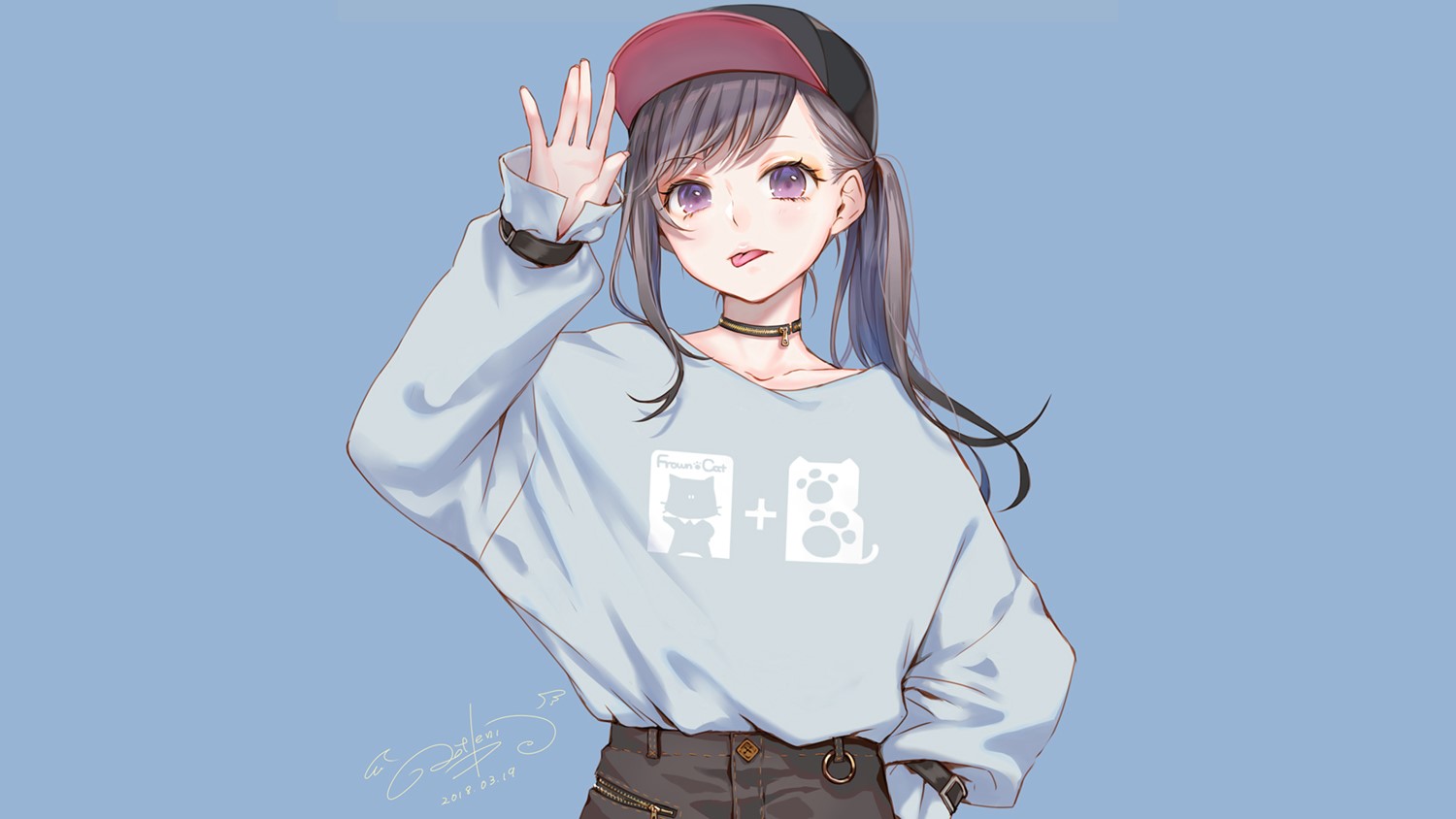 Anime girl with cat and dog graphic on sweater HD Wallpaper