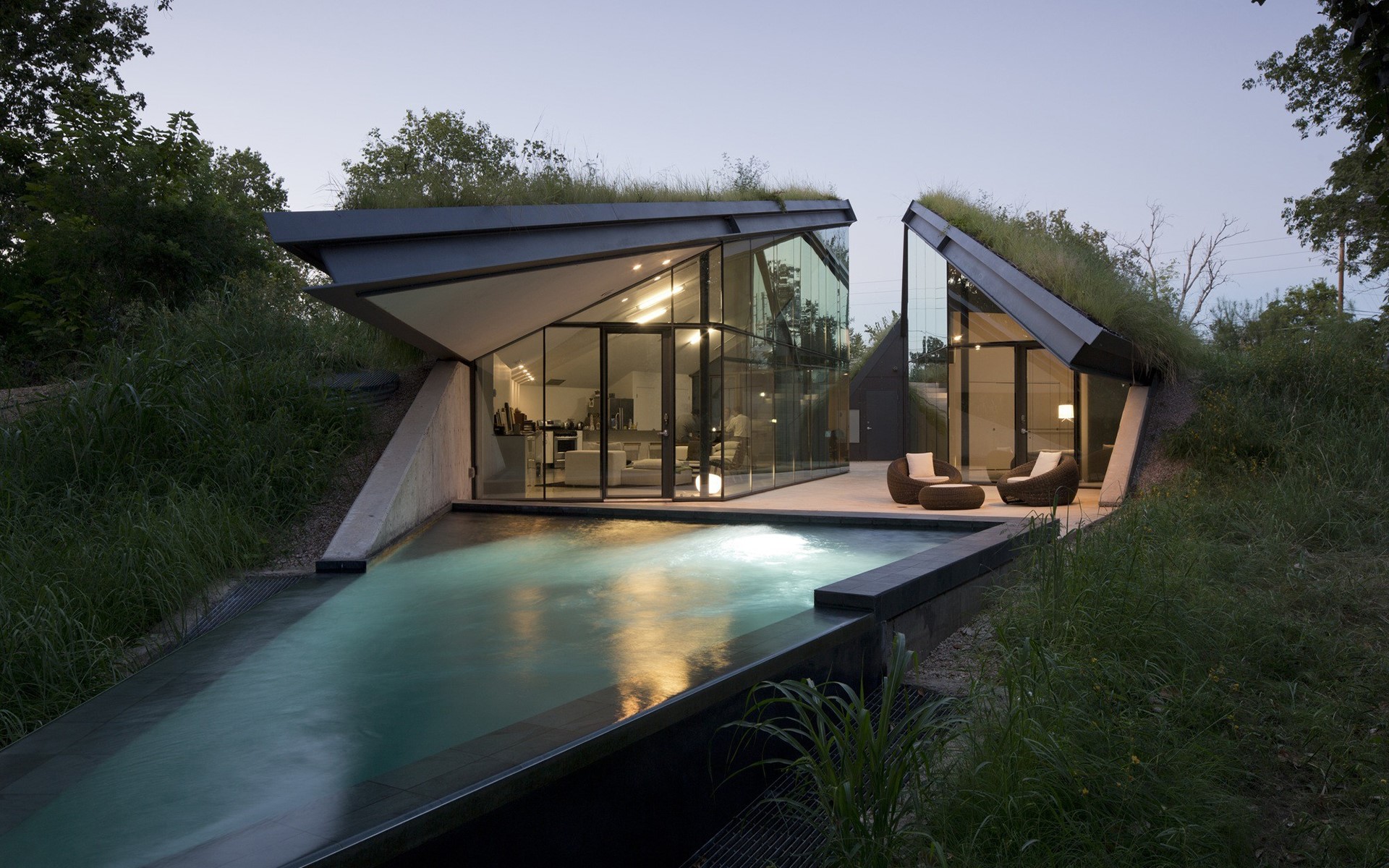 Modern house with green roof and swimming pool HD Wallpaper