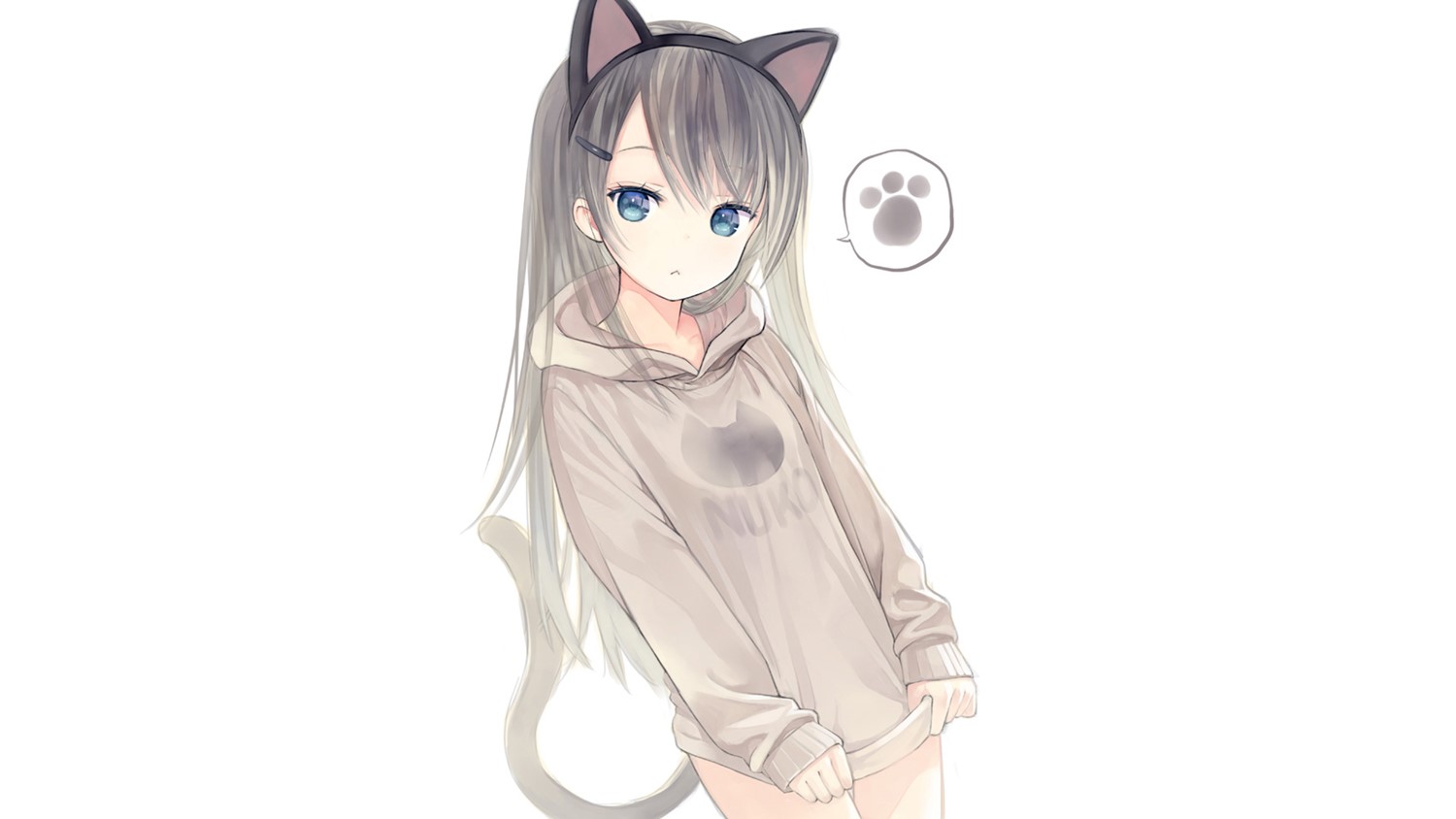 Anime girl with neko ears and tail wearing a sweater HD Wallpaper