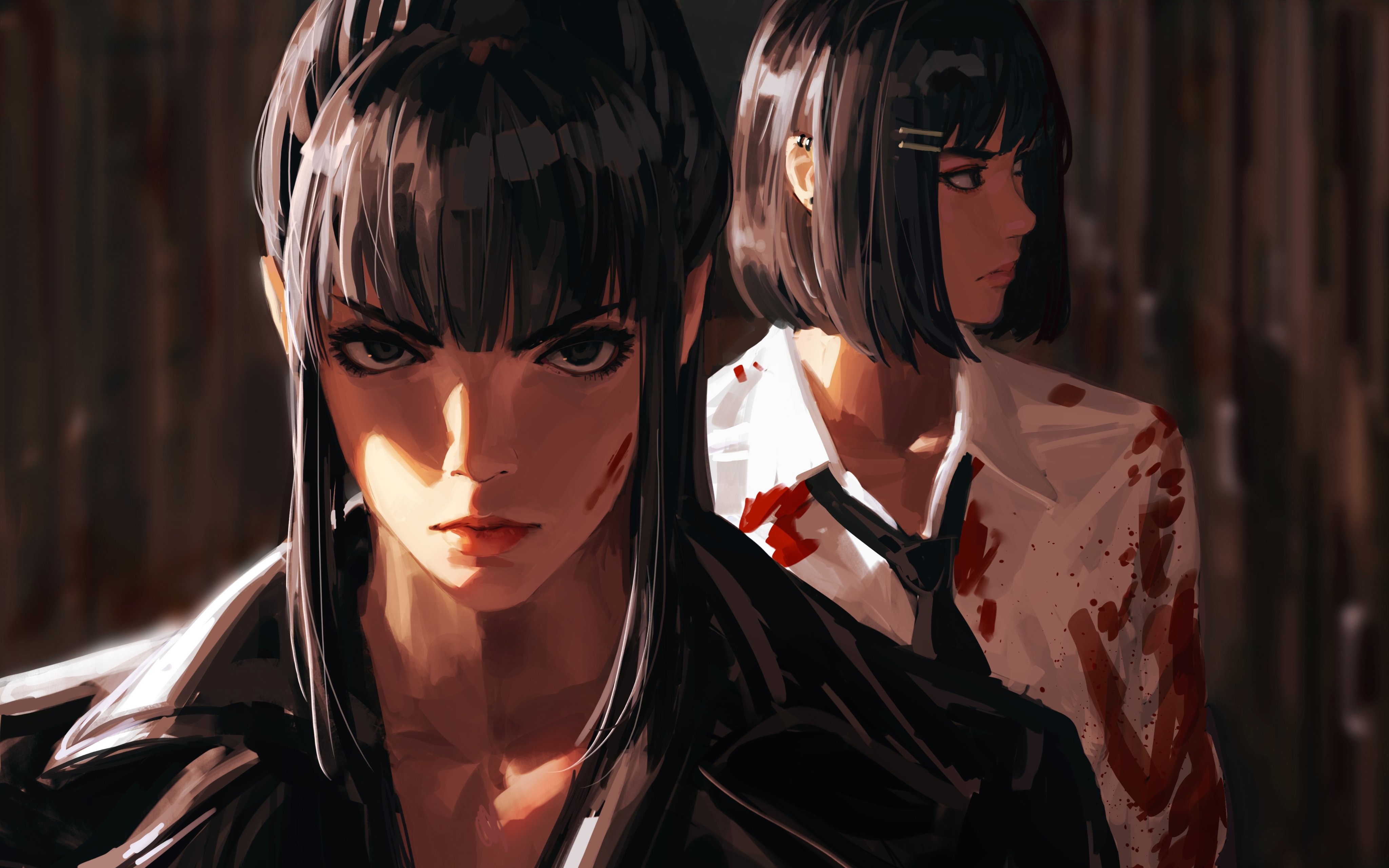Two women with blood splatters, digital art HD Wallpaper