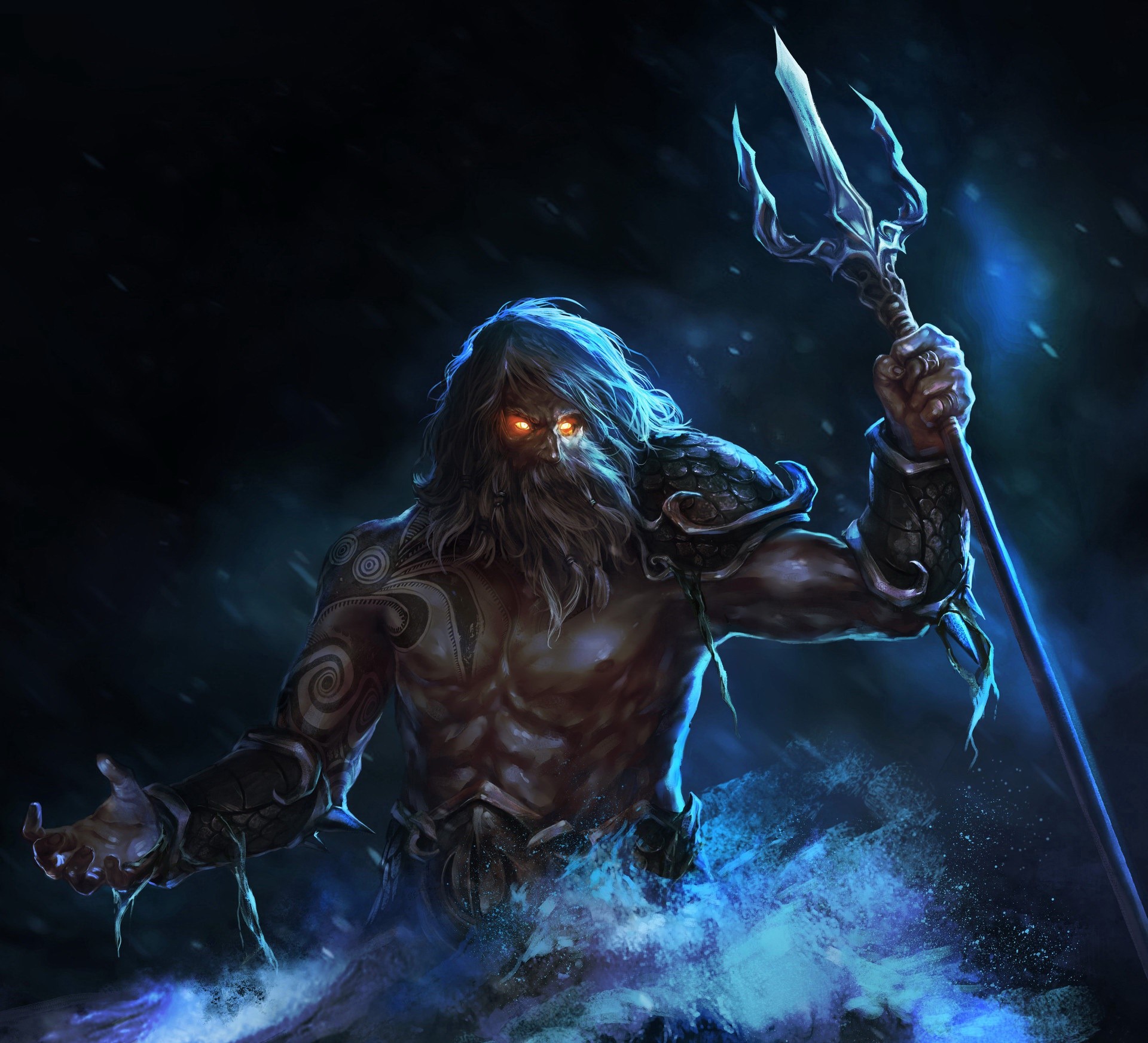 Poseidon with glowing eyes holding a trident HD Wallpaper