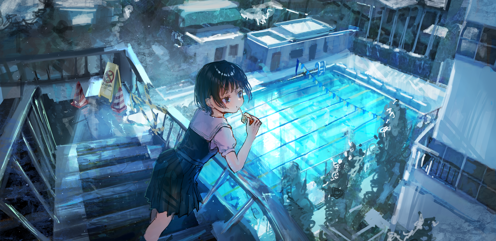 Anime girl in school uniform by a swimming pool HD Wallpaper