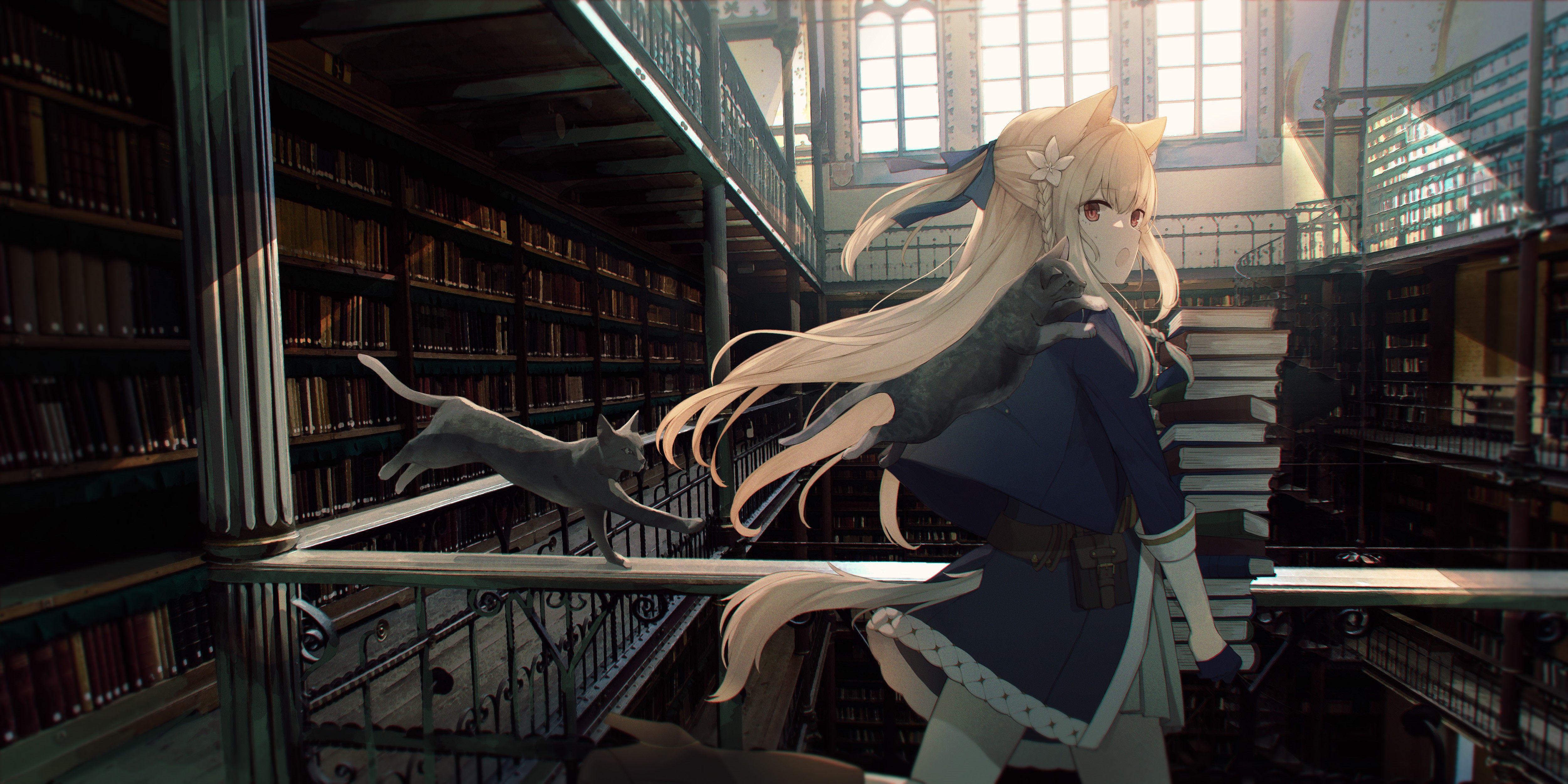 Anime cat girl in library with cats HD Wallpaper