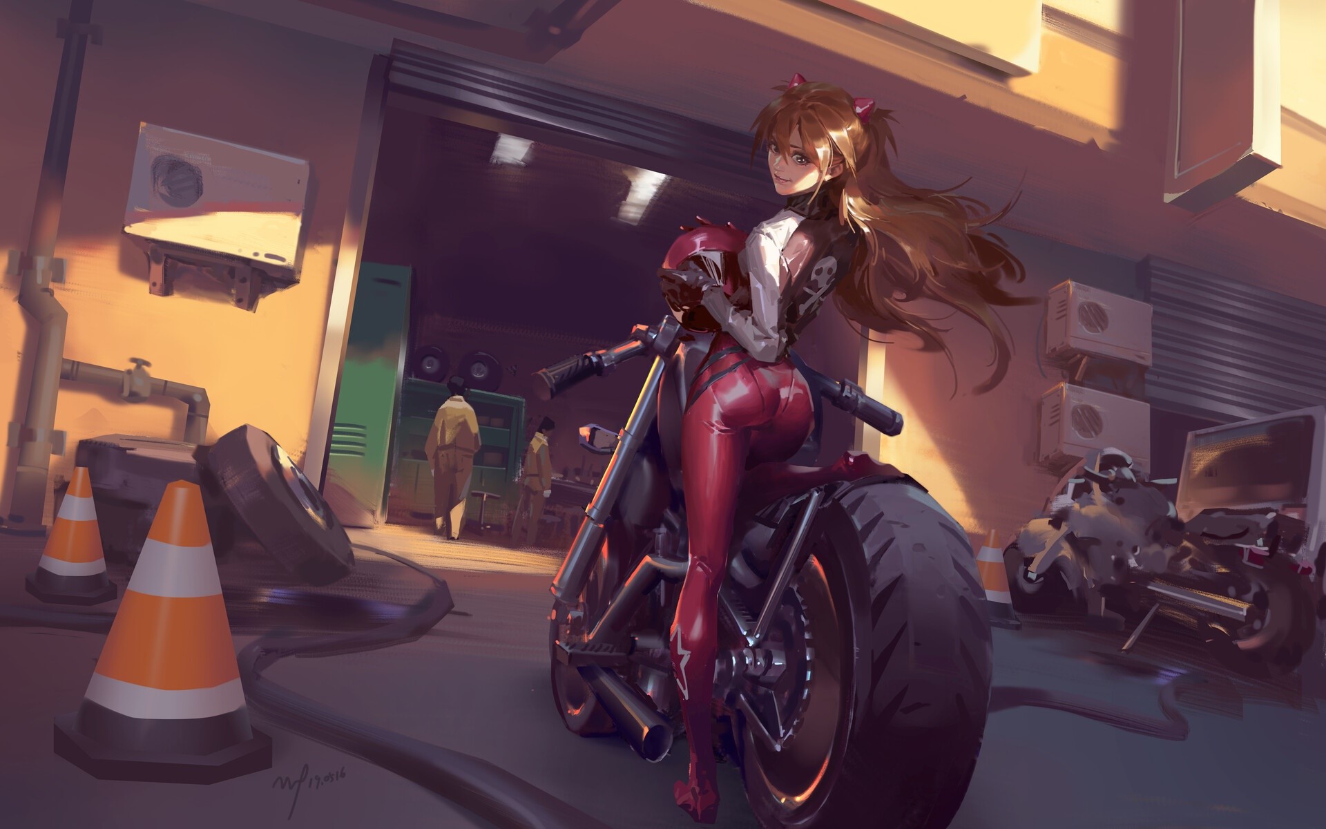 Asuka Langley Soryu from Neon Genesis Evangelion on a motorcycle HD Wallpaper