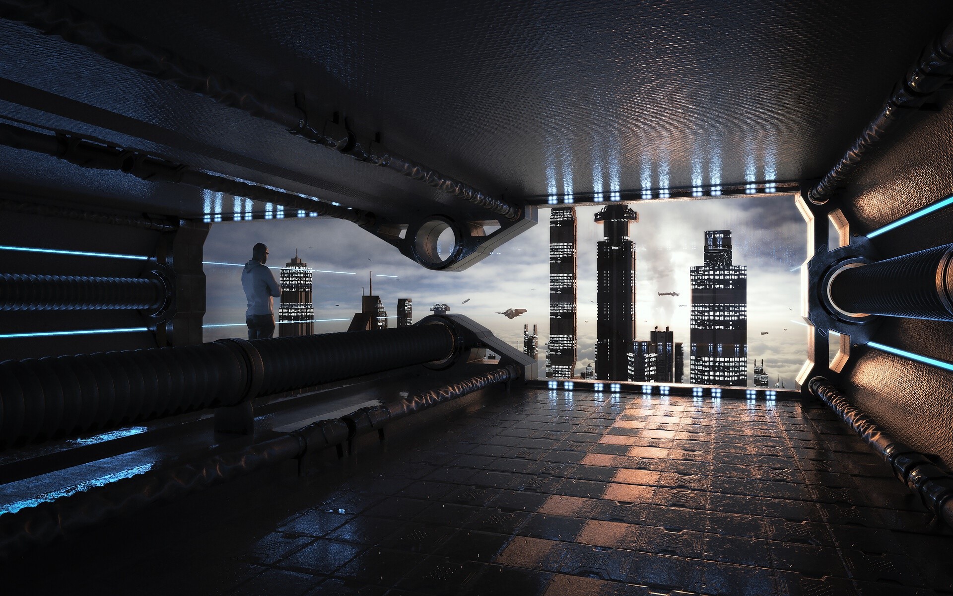 Futuristic city with a man looking out a window HD Wallpaper