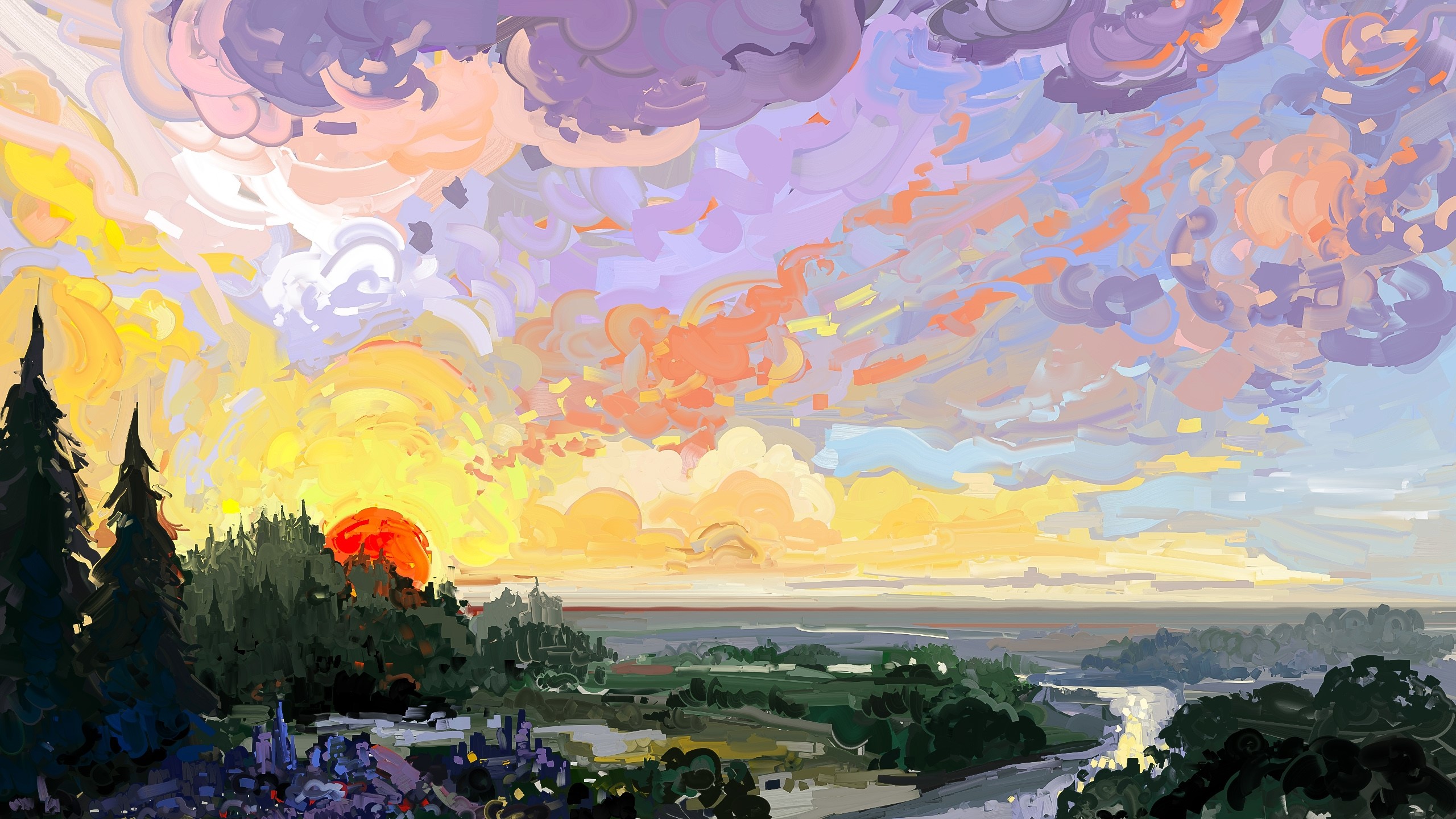 Digital painting of a sunset over a river with trees HD Wallpaper
