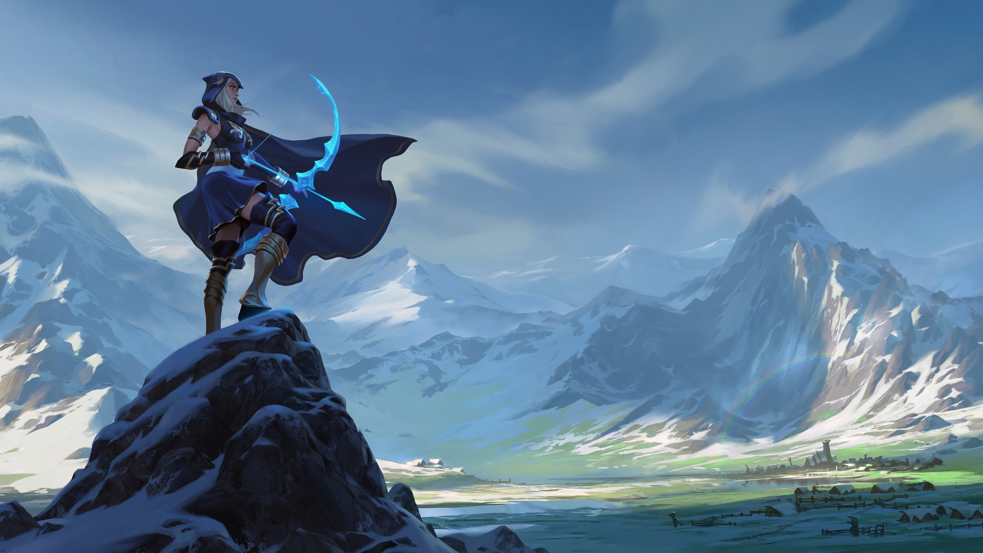 Ashe from League of Legends in a snowy mountain landscape HD Wallpaper