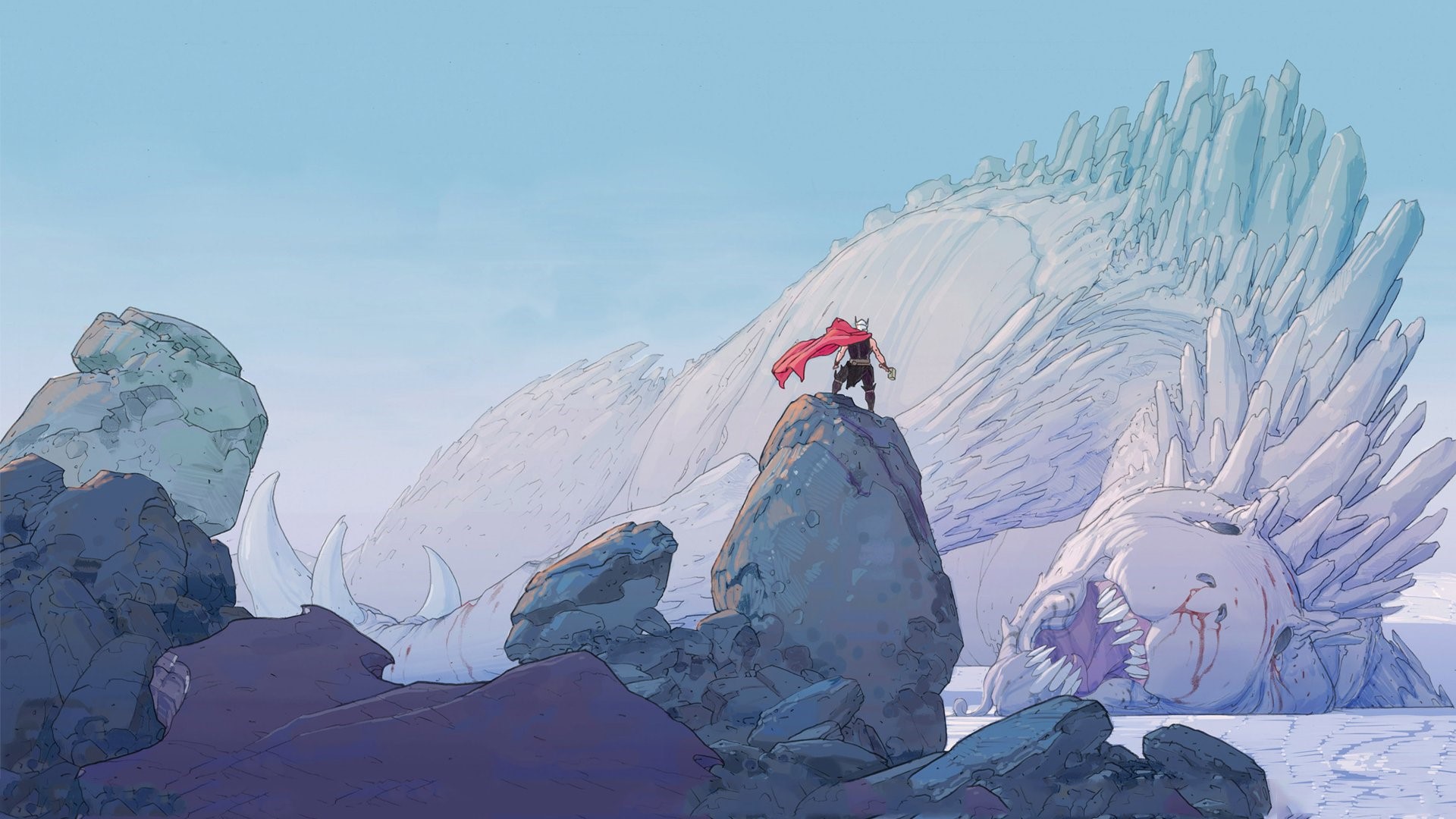 Thor from Marvel Comics standing on a rock overlooking a giant frozen creature HD Wallpaper