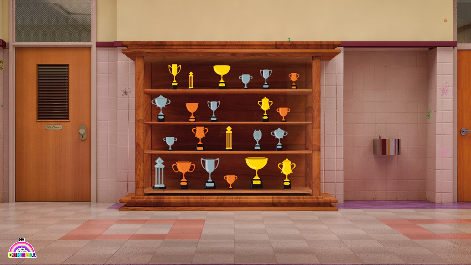 Trophy shelf in a school hallway HD Wallpaper