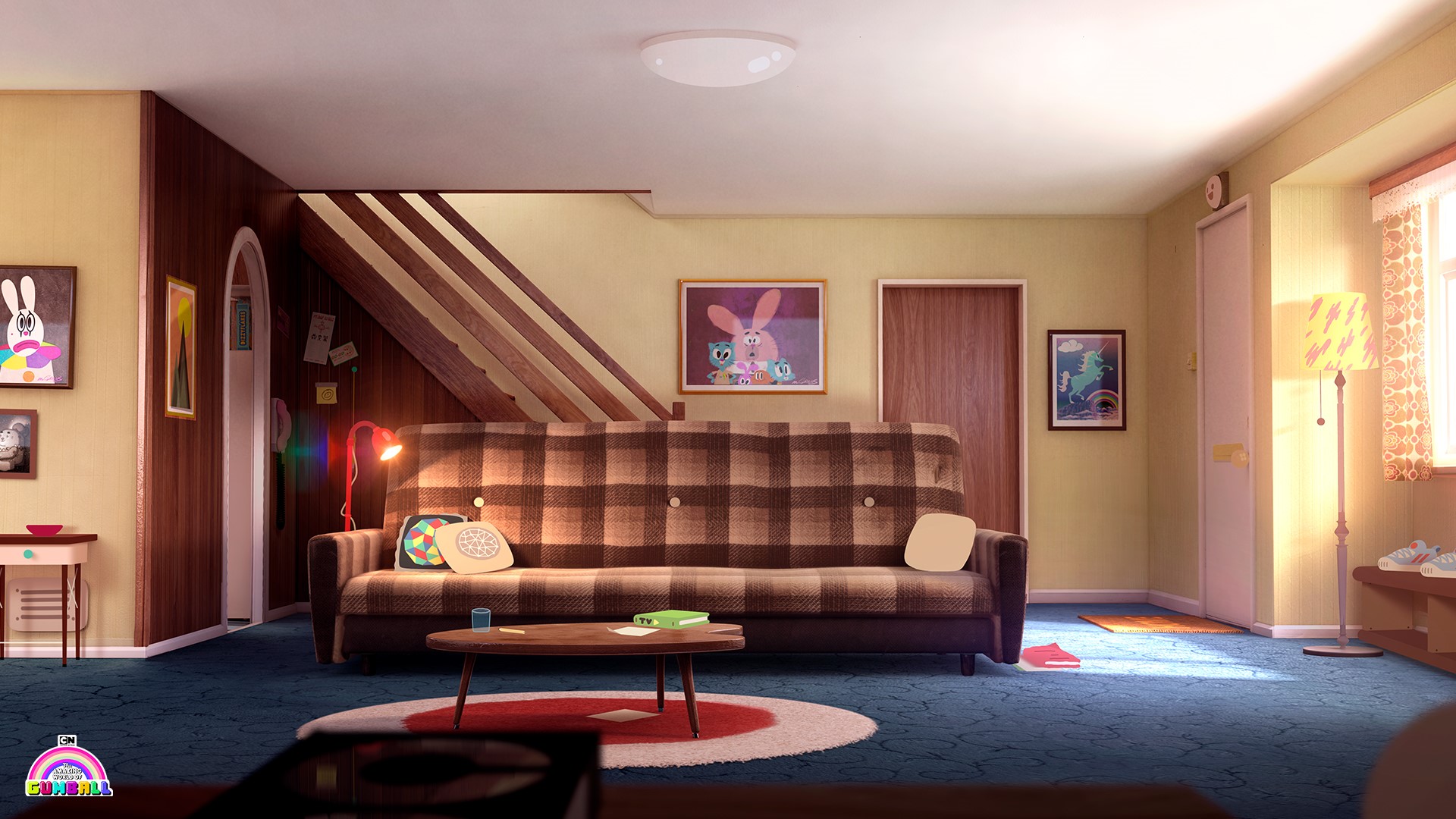 Living room with Gumball characters and furniture HD Wallpaper